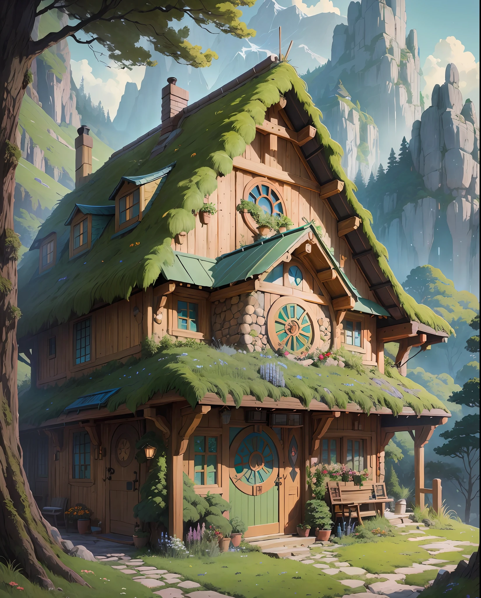 Realistic, real life, beautiful hobbit house on the hill, style of laurie greasley, studio ghibli, akira toriyama, james gilleard, genshin impact, trending pixiv fanbox, acrylic palette knife, 4k, vibrant colors, devinart, trending on artstation