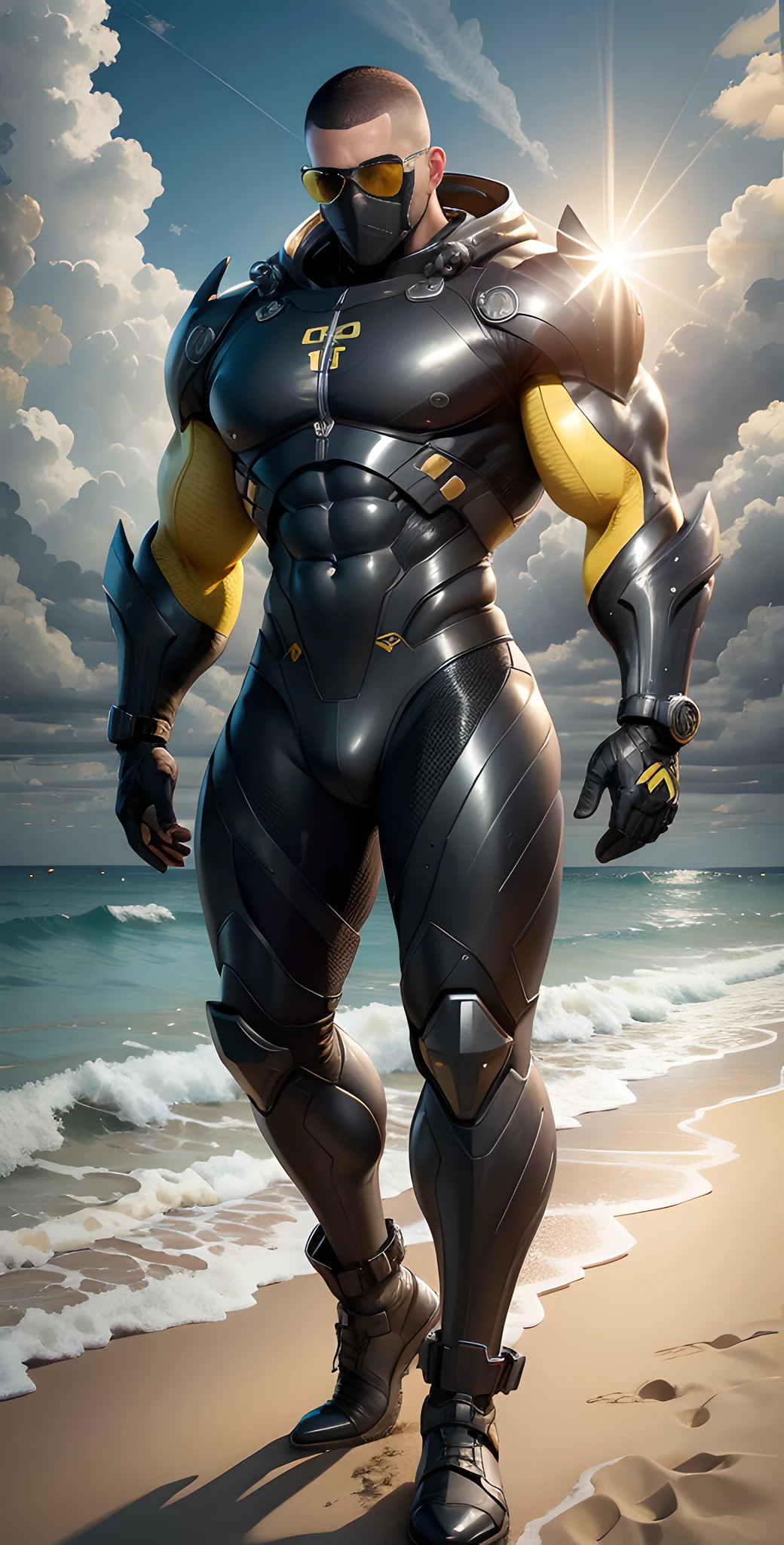Man in yellow and black clothes standing on the sunny beach, muscular man, American round inch, Buzz cut, muscular! Wearing black sunglasses, round head Buzz cut, stealth suit, symmetrical pattern texture design, optimal picture quality and resolution, character design special forces, black military boots, attractive strong men and armor, weaving sunlight shining through the clouds