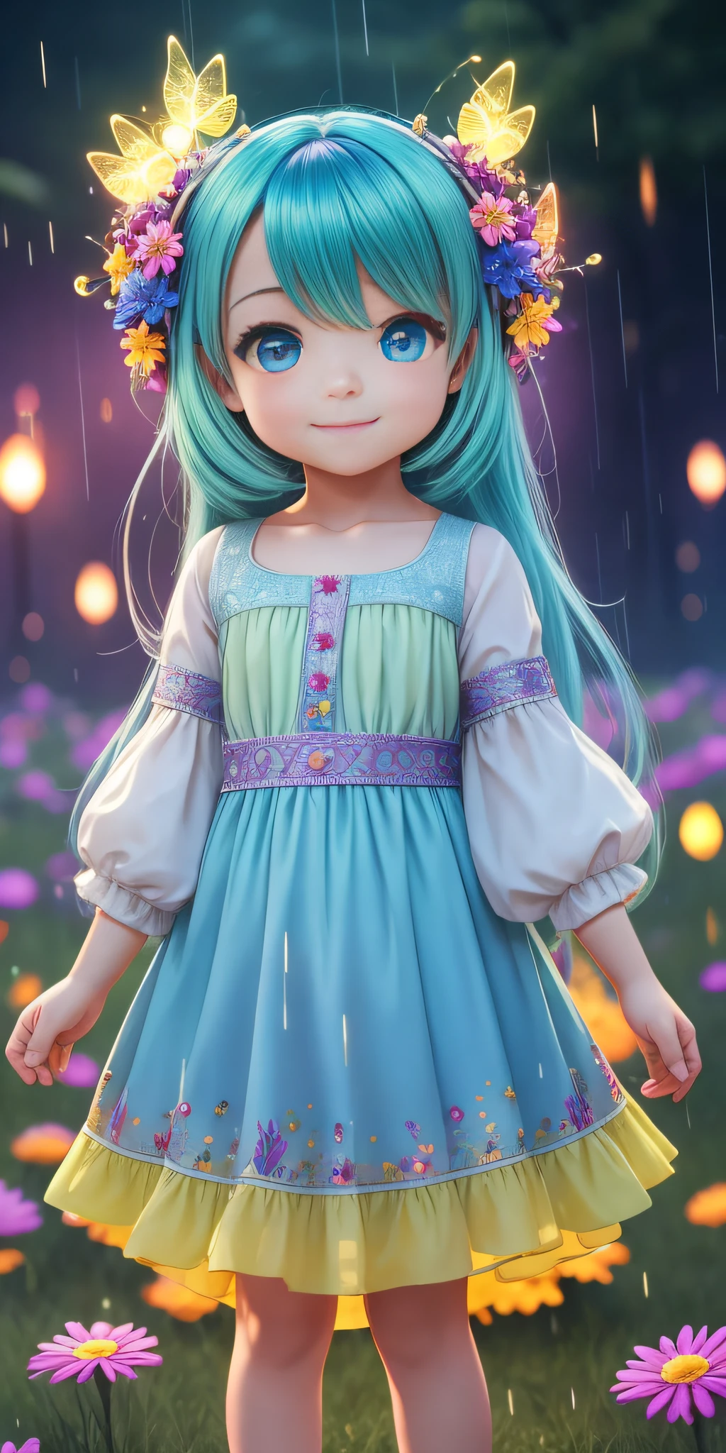real ???, human, raining, blurry foreground, wide shot, bokeh, cinematic lighting, Mannerism, textured skin, UHD, masterpiece, retina, highres, award winning, best quality, high details, super detail, Night time, night light. a Chibi from Sky: Children of Light, vibrant warm smile, white nice teeth, long strand rainbow color hair, featuring vibrant colors and whimsical details, evoking a sense of wonder and magic. The color temperature is cool, very dark nighttime, standing in a herd of glowing beautiful fireflies that are lighting her up, while the Chibi wears a joyful expression. Soft lighting accentuates the character's charm and innocence. --v 5 --stylize 1000, fireflies, dynamic lighting, park, flowers, green grass, raining, cute oversized long frock, glowing particles, glowing fireflies, dreamlike, dreamworks , magical world, --auto --s2