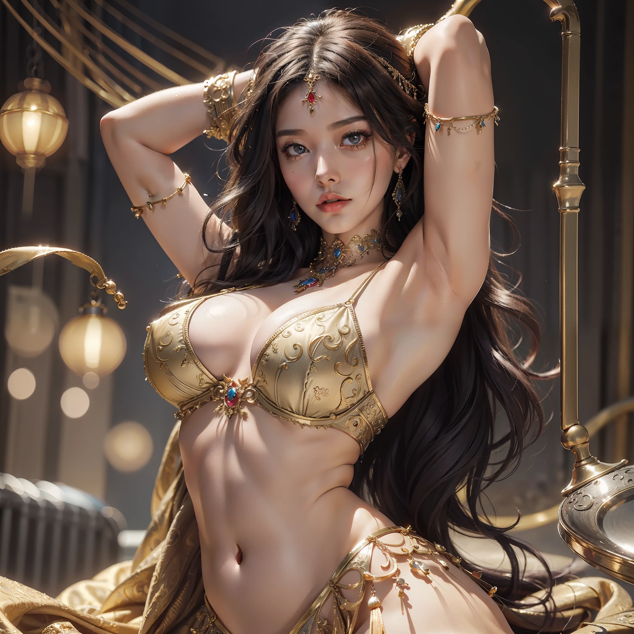 ((best quality)), ((masterpiece)), photorealism, realistic, detailed face, gorgeous face, 1girl, mature woman, 30yo, perfect body, belly dancer, wearing belly dance dress, dancing, studio light