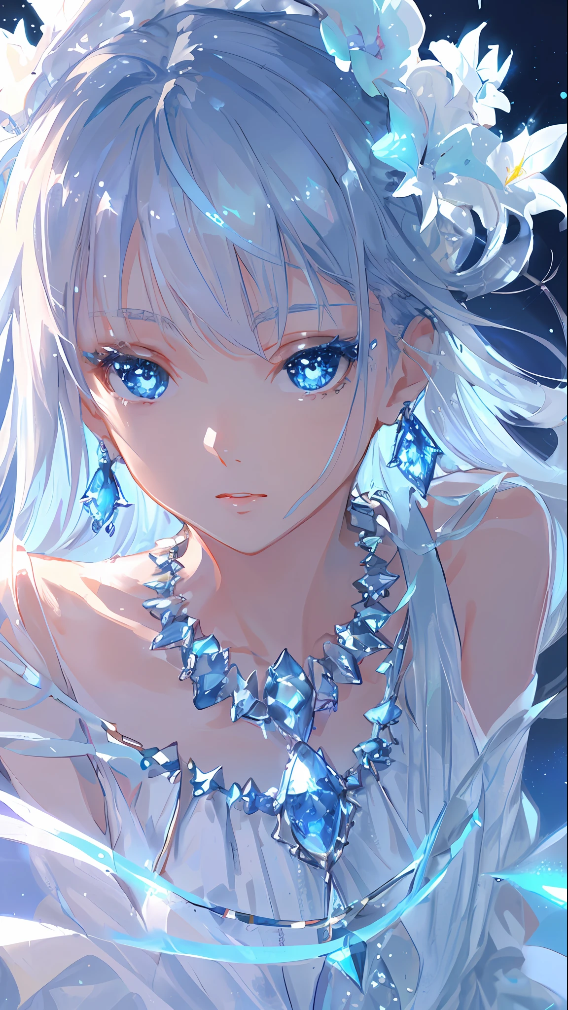 masterpiece, best quality, illustration, sax blue, platinum earrings, platinum necklace, white dress, 1girl, cute, (dynamic lighting:1.2), cinematic lighting, delicate facial features, detailed eyes, sharp pupils, realistic pupils, depth of field, bokeh, sharp focus, (hyper-detailed, bloom, glow:1.4), many small gems