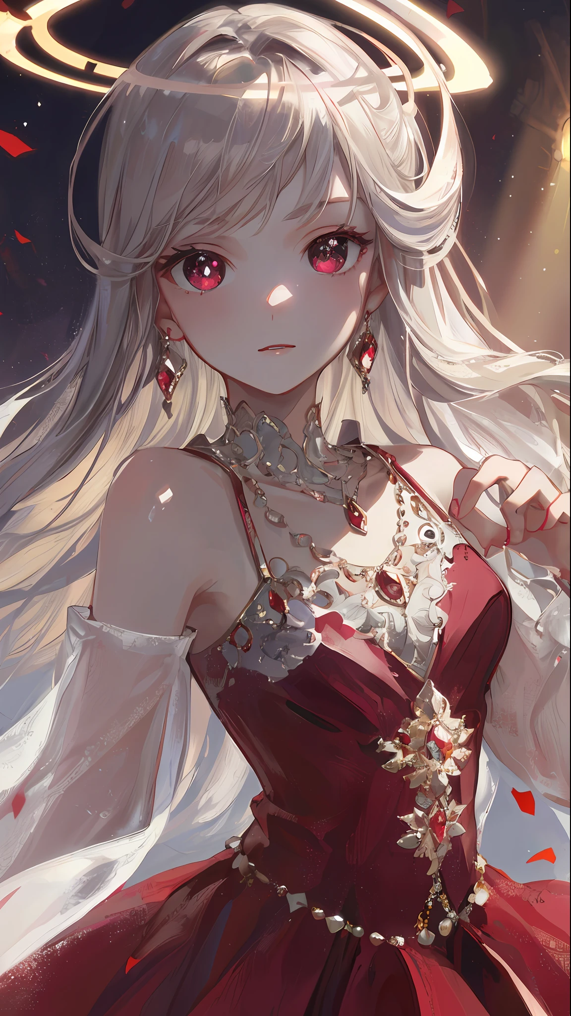 Masterpiece, Superb Painting, Illustration, Burgundy, Platinum Earrings, Platinum Necklace, Red Dress, 1girl, Cute, (Dynamic Light: 1.2), Cinematic Light, Delicate Facial Features, Detailed Eyes, Sharp Pupils, Realistic Pupils, Depth of Field, Background Blur, Clear Focus, (Ultra Detail, Halo, Glow: 1.4), Many Small Gemstones