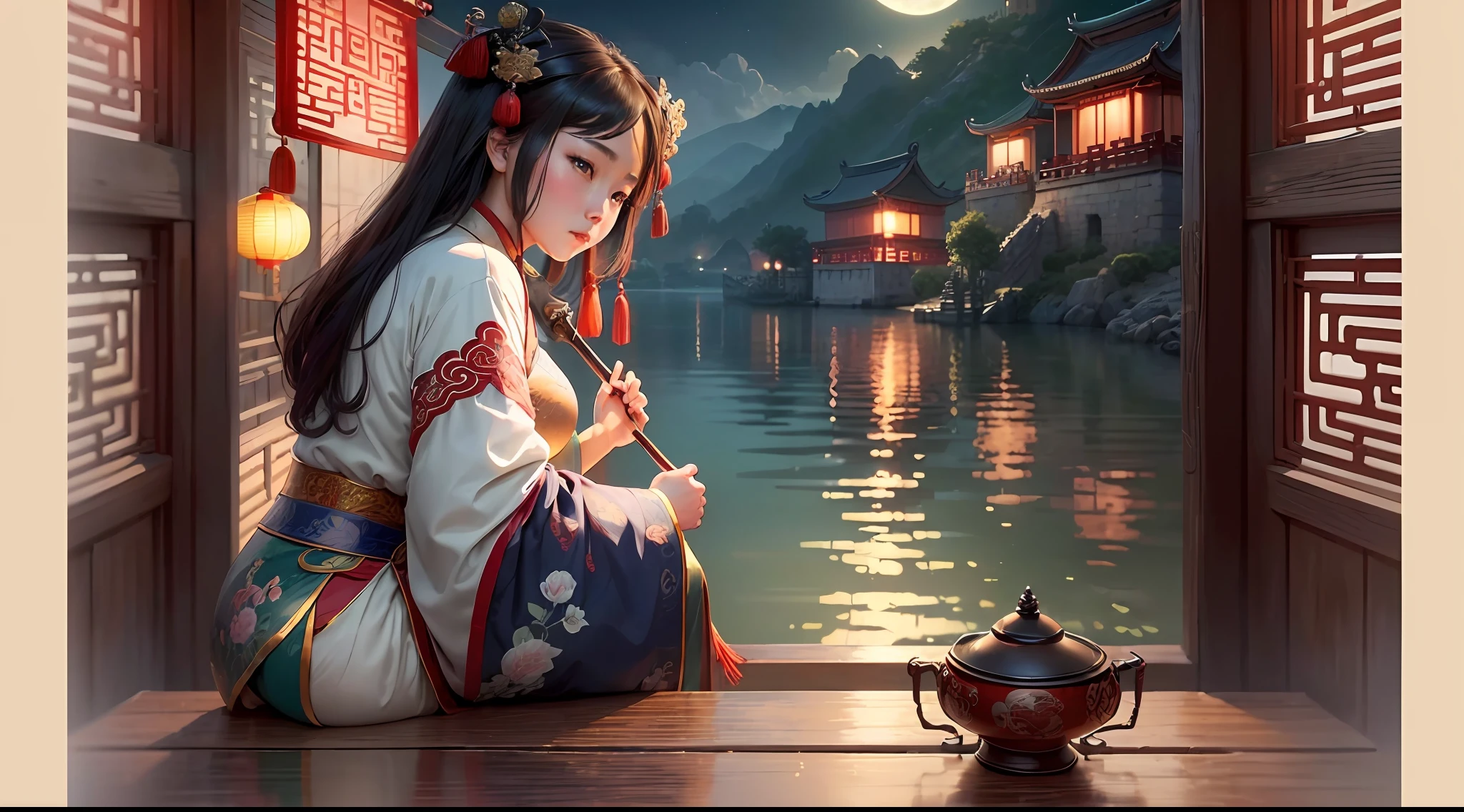 ((Chinese culture)|(China):1.2), (Medieval)|(Ancient)|(Old fashioned: 1.1) Style, (grainy)|(Grit: 1.2), ((1 person)|(1 person)|(Human):1.3) On (boat)|(boat), (night)|(night), (water: 0.9), (high detail)|(super detail: 1.2), (best quality: 1.1)|((masterpiece)|(best illustration: 1.1)) and (beautiful)|(gorgeous)|(stunning)| (brilliant: 1.2) Image. --auto --s2