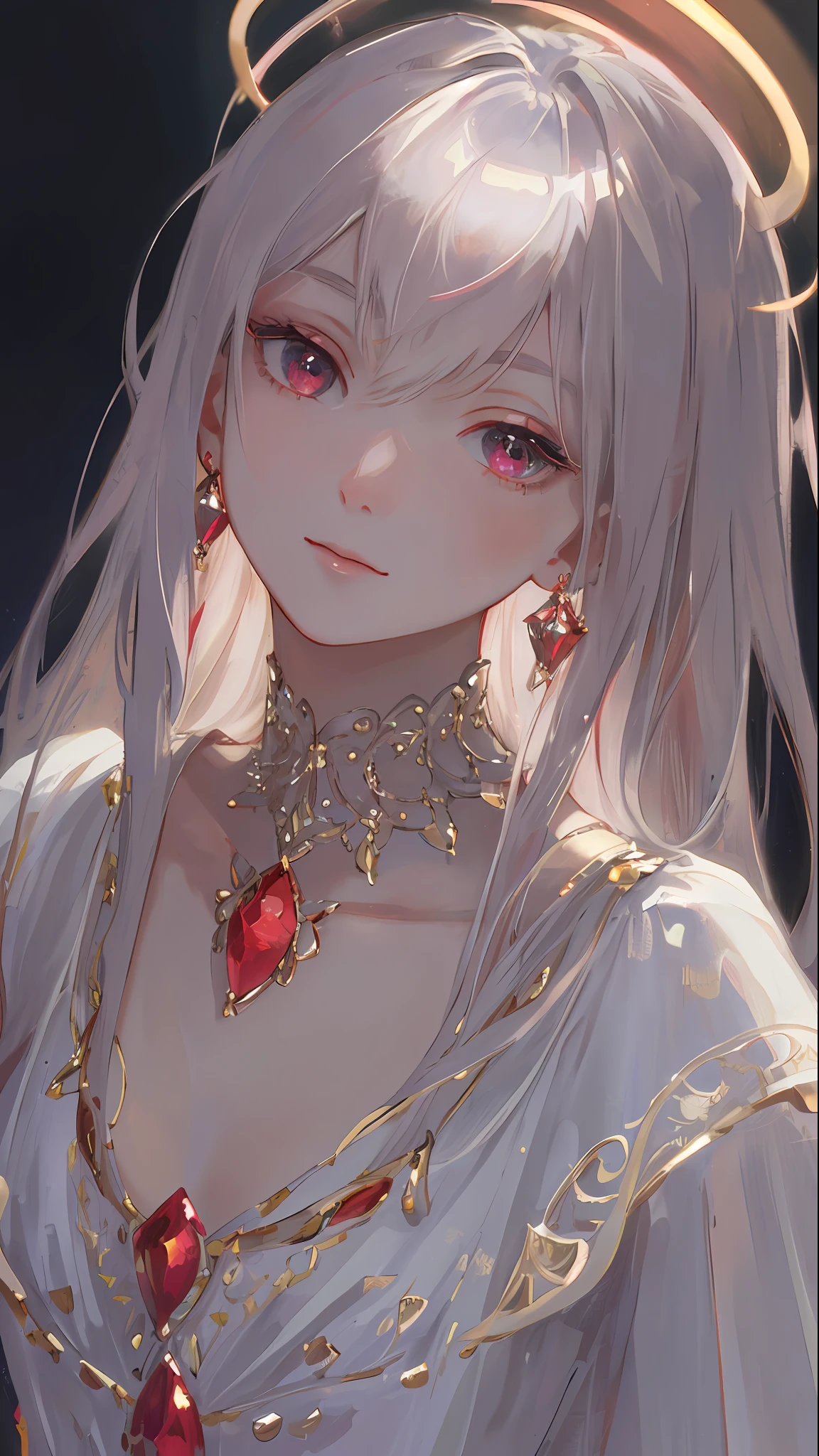 Masterpiece, Superb Painting, Illustration, Burgundy, Platinum Earrings, Platinum Necklace, White Dress, 1girl, Cute, (Dynamic Light: 1.2), Cinematic Light, Delicate Facial Features, Detailed Eyes, Sharp Pupils, Realistic Pupils, Depth of Field, Background Bokeh, Clear Focus, (Ultra Detail, Halo, Glow: 1.4), Many Small Gems