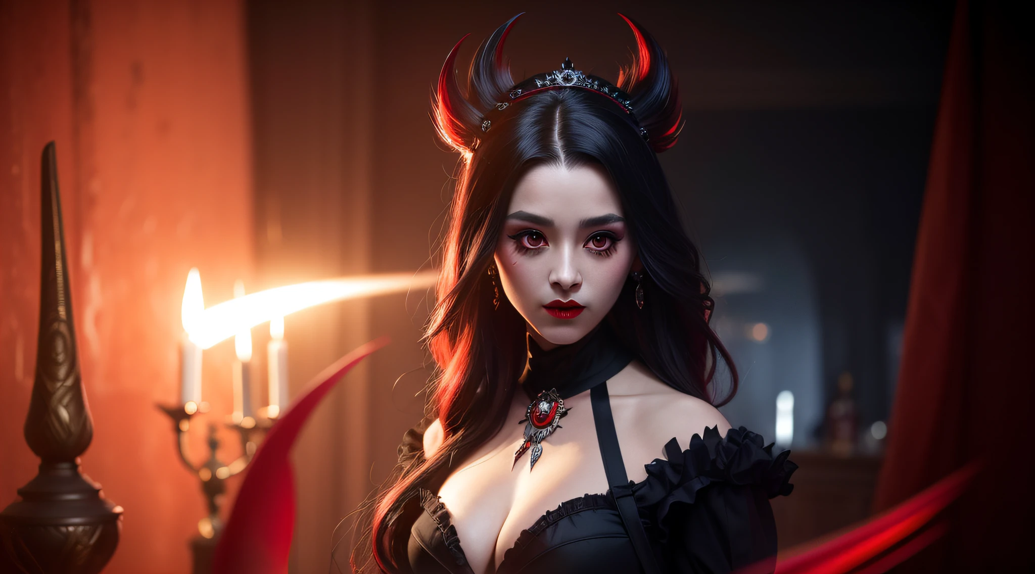 1 beautiful devil woman from hell, In the Dark: 1.6), surreal female portrait by David Hockney and Alphonse Mucha, fantasy art, korea doll, photorealism, dynamic lighting, artstation, poster, volumetric lighting, very detailed faces, 8k ultra, Awarded, in the dark, deep shadow, low key, cowboy lens, (Red phoenix dress: 1.4), long hair, black hair, bust, luxurious palace, Royal style, devil crown, red eyes make up very sharp and detailed, The most beautiful face, The breasts are very big and round and round, Super realistic, chinese women's clothing, polo neck sweater, Charming smile, The eyes are very well made up, guweiz, devil style, wearing black mesh socks, Ponytail with a bow tied at the back of the hair, Red black lips, Devil tattoo on shoulder, wearing a thin red and black robe, the landscape is overcast and thunderous, (Portrait), Close-up of the main character, (Background details 1.8),