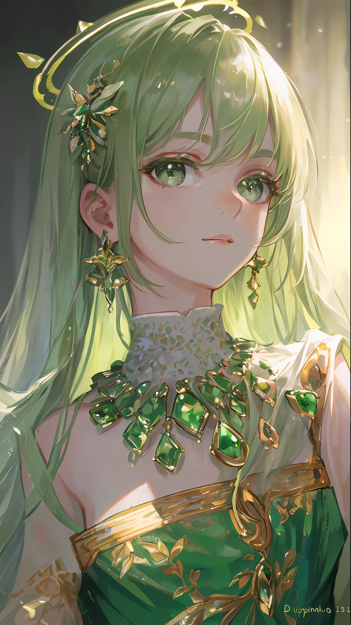 Masterpiece, Superb Painting, Green, Platinum Earrings, Platinum Necklace, Green Dress, 1girl, Cute, (Dynamic Light: 1.2), Cinematic Light, Delicate Facial Features, Detailed Eyes, Sharp Pupils, Realistic Pupils, Depth of Field, Background Blur, Clear Focus, (Ultra Detailed, Halo, Glow: 1.4), Many Small Gems