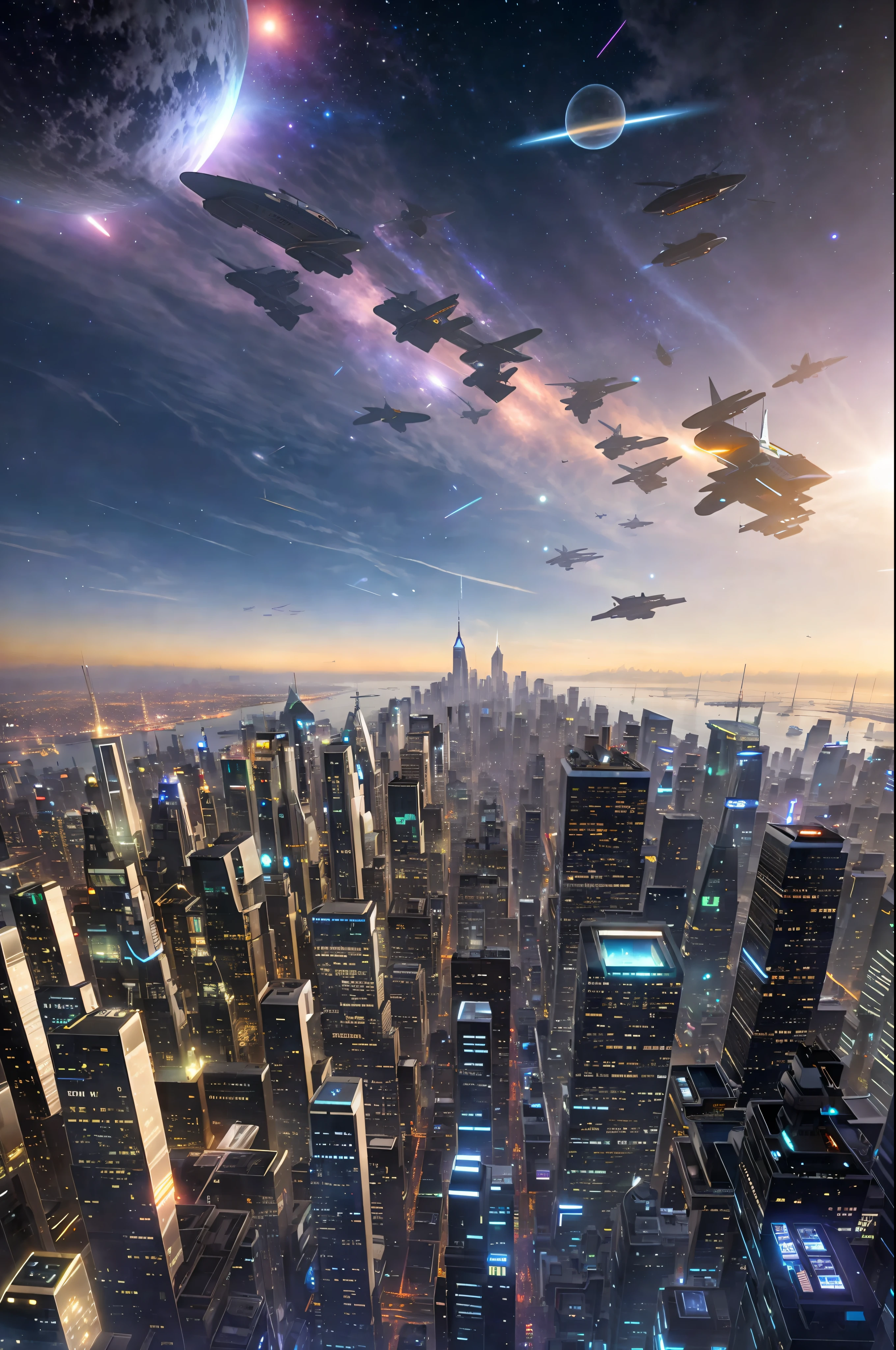 spaceships flying over a city at night with a bright sky, sci - fi scene future new york, vista of futuristic city, in fantasy sci - fi city, new york in the future, photo of futuristic cityscape, science fiction city, new york city in the year 2100, futuristic city scape, futuristic city in background, futuristic cityscape