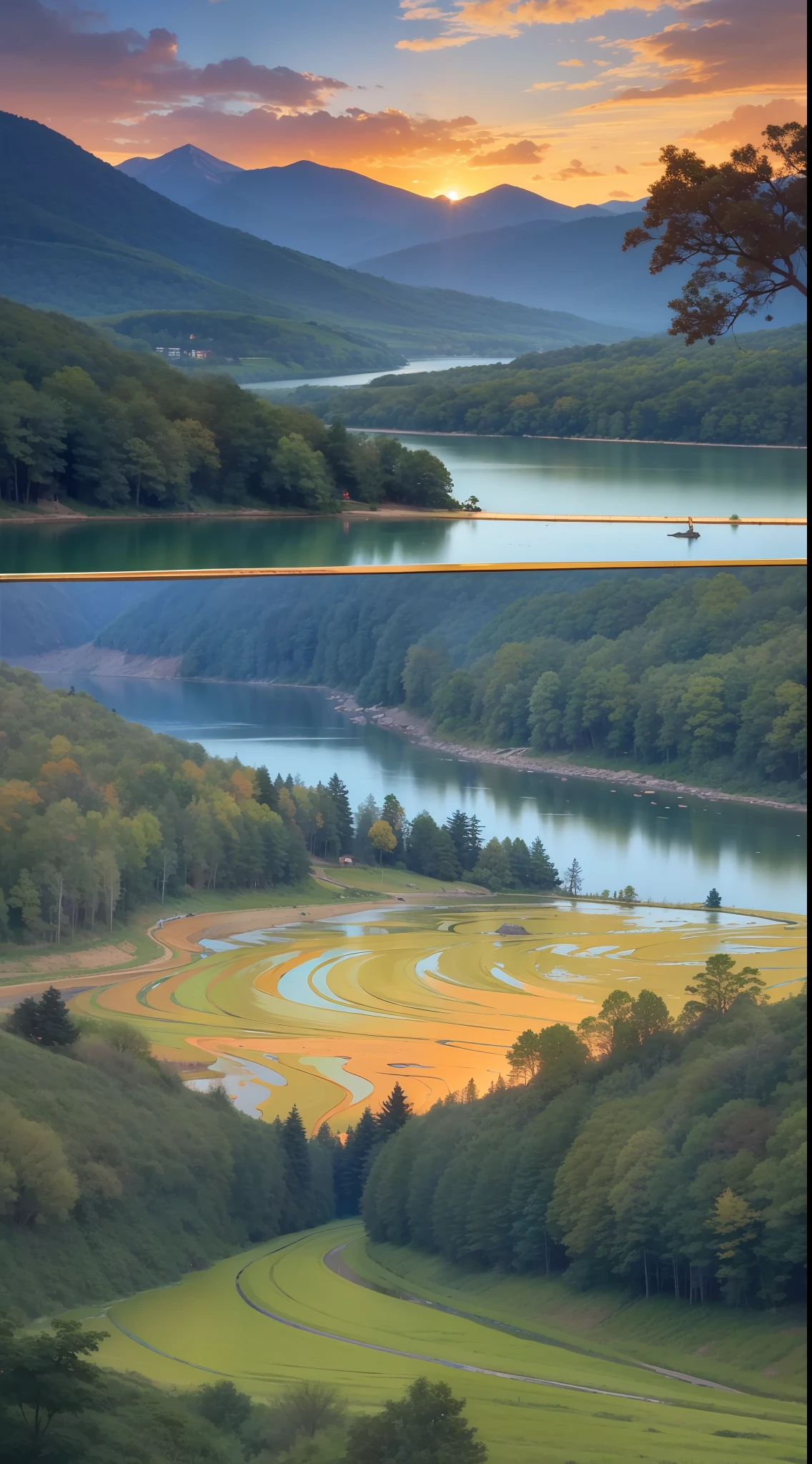 A breathtaking landscape of a lush green forest, with towering trees and a serene river flowing through it. The sun is setting, casting a warm golden glow over the scene. In the distance, a majestic mountain range rises, its peaks shrouded in mist. The colors are vibrant and rich, with deep greens and blues contrasting with the fiery oranges and reds of the sunset. The image is sharp and detailed, capturing the textures of the leaves and the ripples in the water. The composition is balanced and harmonious, with the river leading the eye towards the mountains. The image is a stunning representation of nature’s beauty, evoking a sense of peace and tranquility