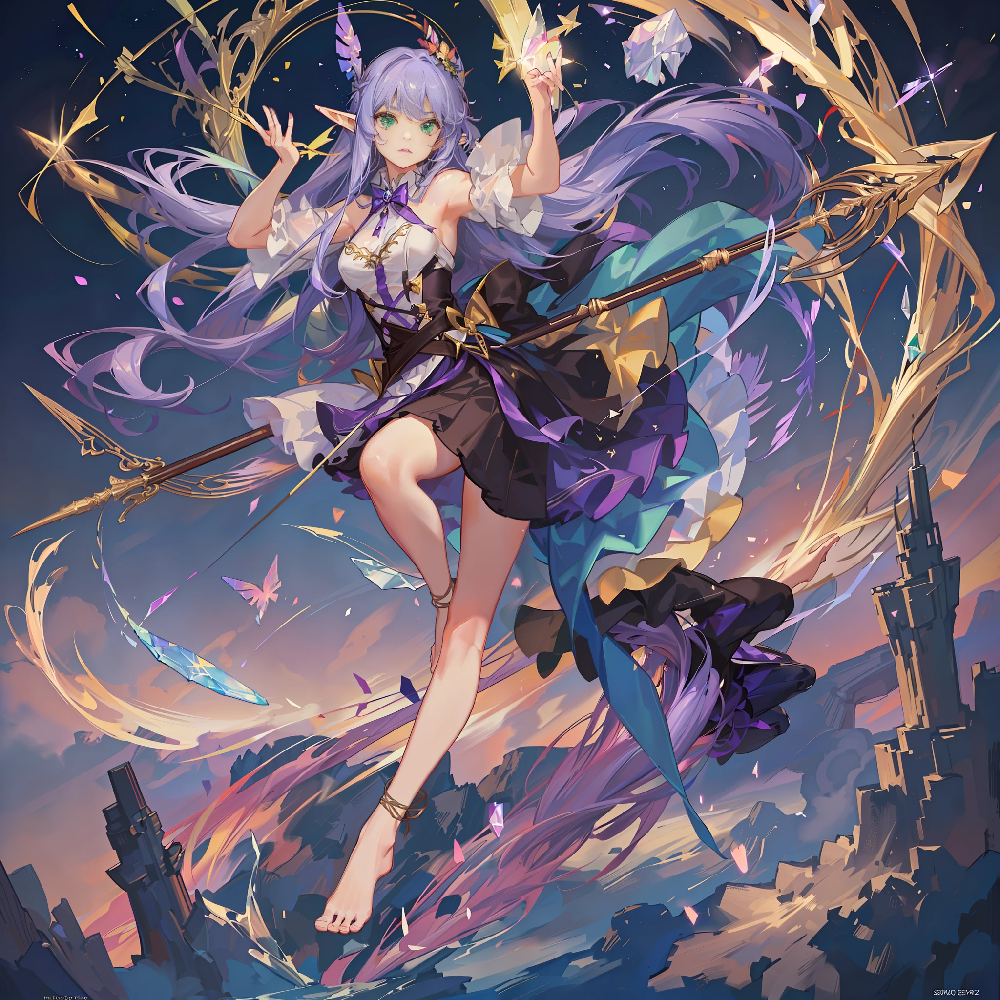 Girl, bow and arrow in hand, jumping, ready to shoot arrows, barefoot, purple hair color, yellow-green clothes, full body, elf, flowing, halo behind it, sky, shooting star, crystal bow, magic arrow, light effect, 8K, HD, delicate, unparalleled masterpiece, movie, anime, high-quality digital art