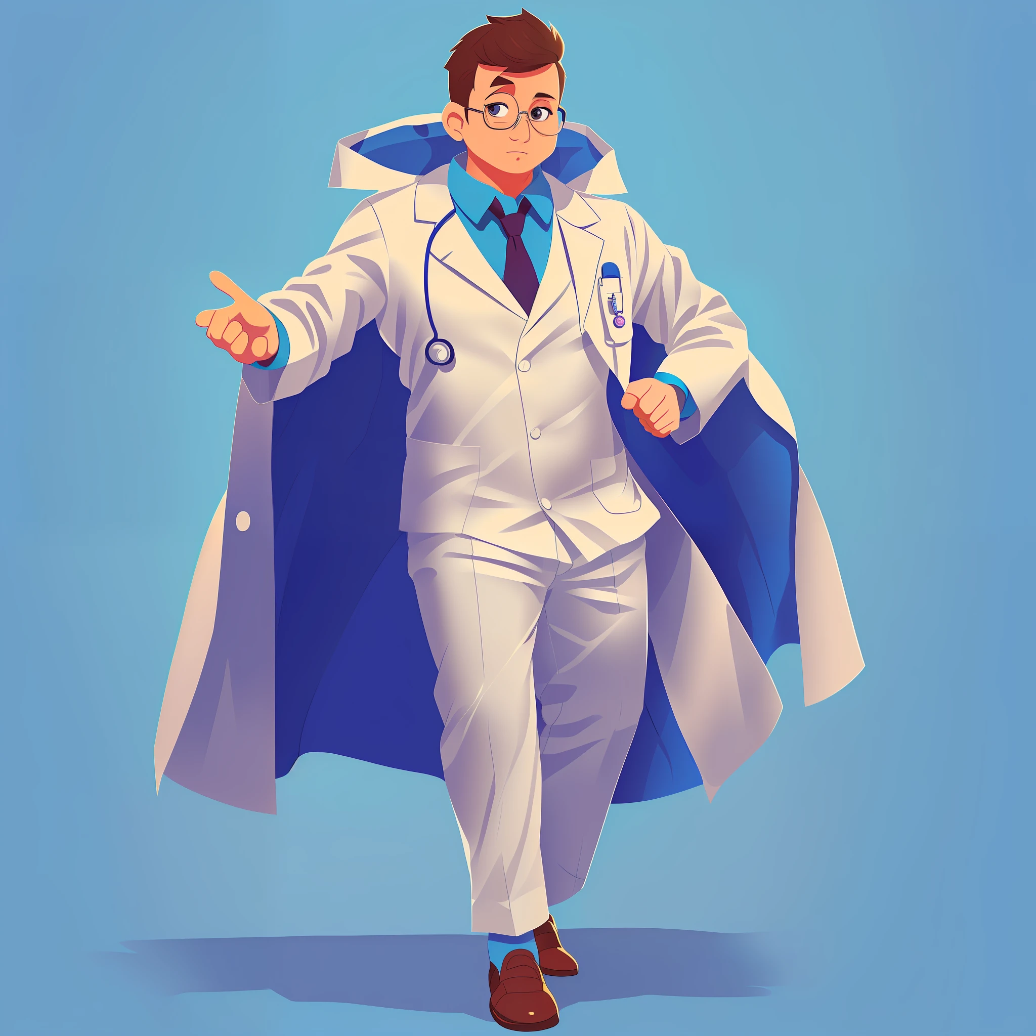 Male Doctor, Cartoon Doctor, Q Version Doctor, White Coat, Eye Details, Hand Details, Short Hair, Short Hair, Wearing Glasses, 3d Rendering, Blue Background, Full Body Photo, Slightly Chubby