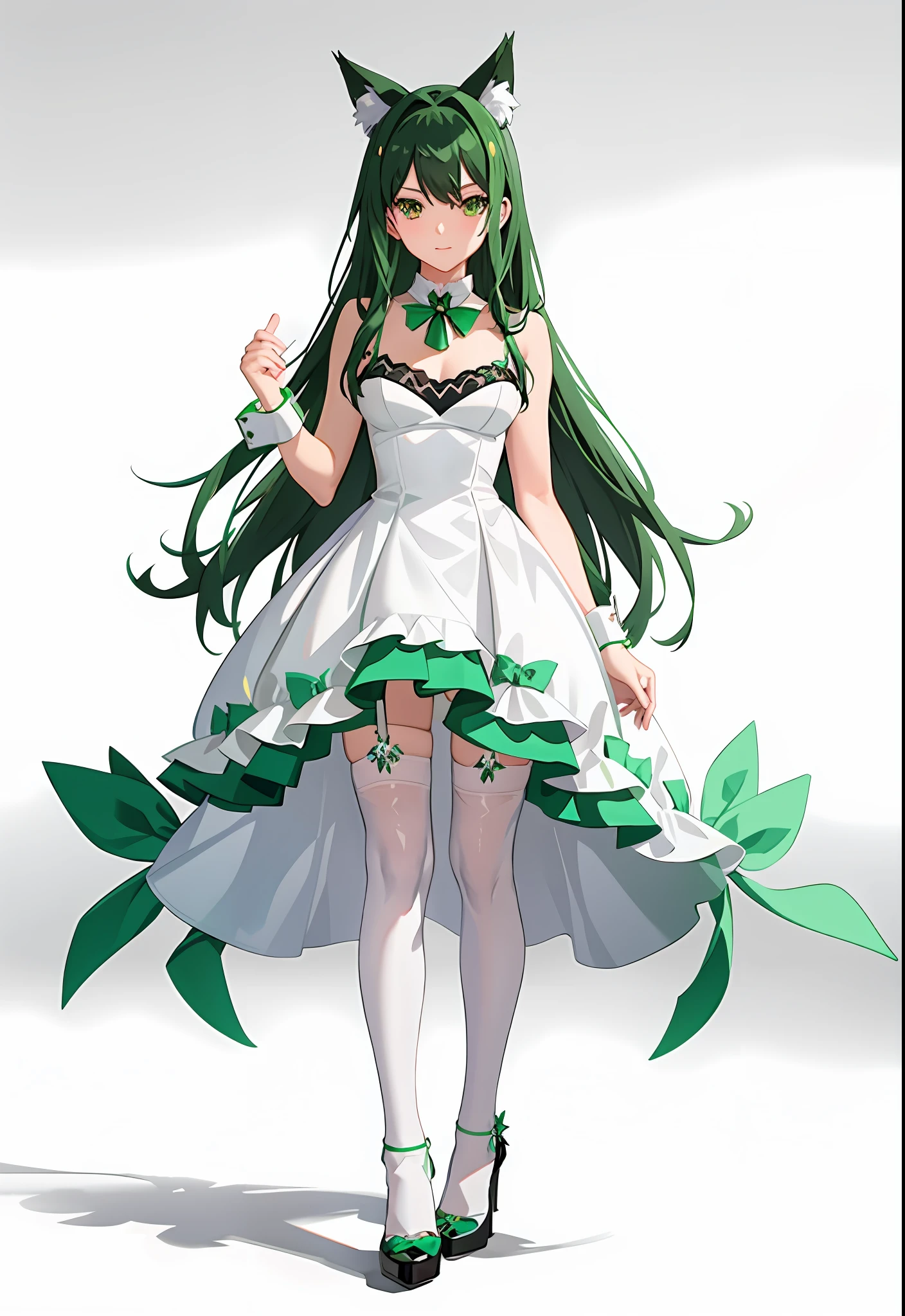 woman emerald necklace emerald ring anime animal ears white dress black stockings urban panties bra crystal high heels