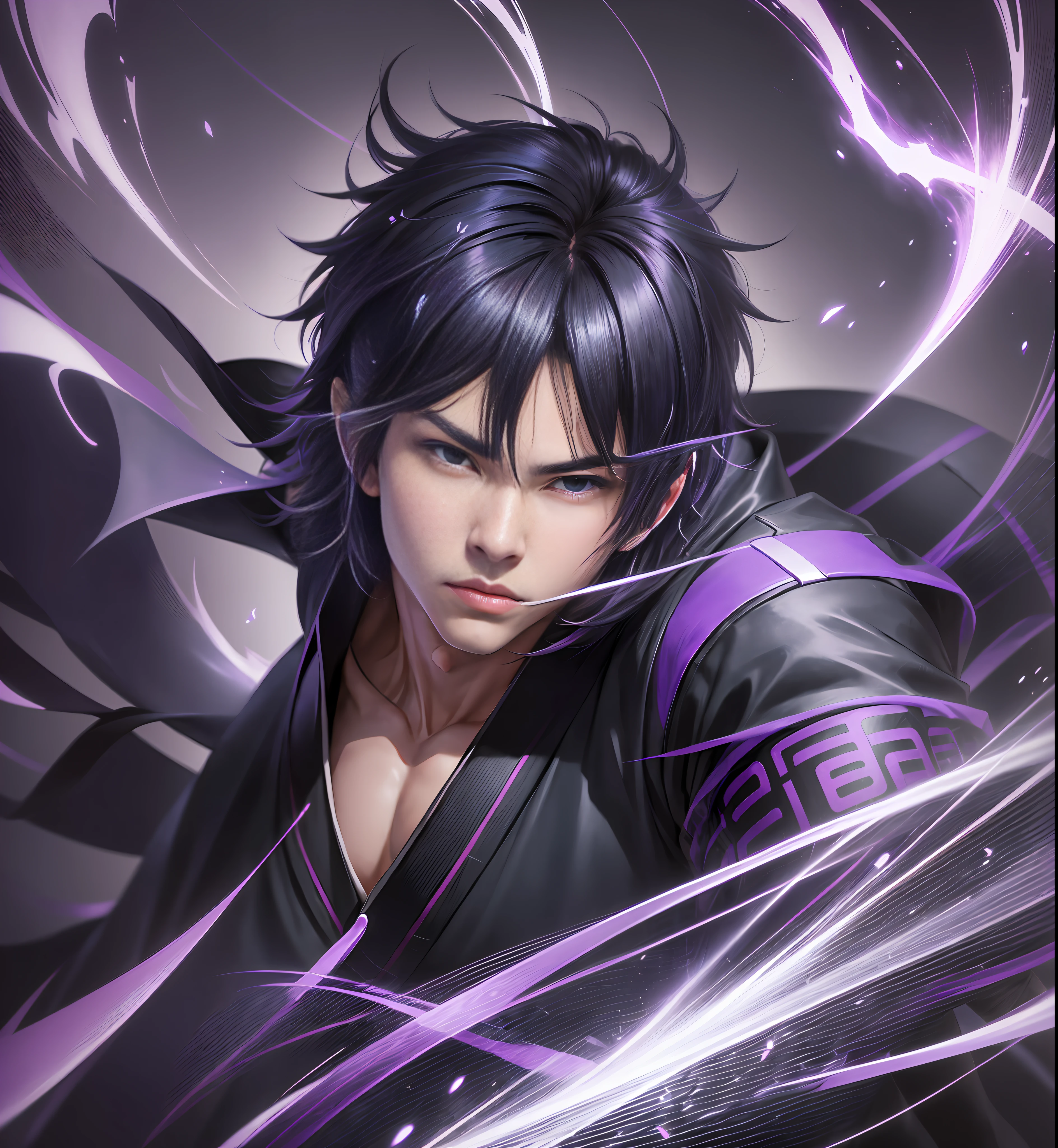 (1men,20 years old,hansome,Yato\(Noragami\),black kimono,purple belt,ready to draw slash posing,slashes effect,speed effect,!!Ultra realistic,trending on pixiv,4k,chromatic aberration, ghost in the shell
