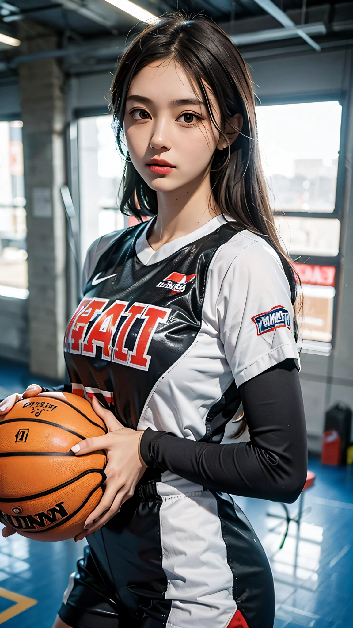 Woman wearing basketball suit