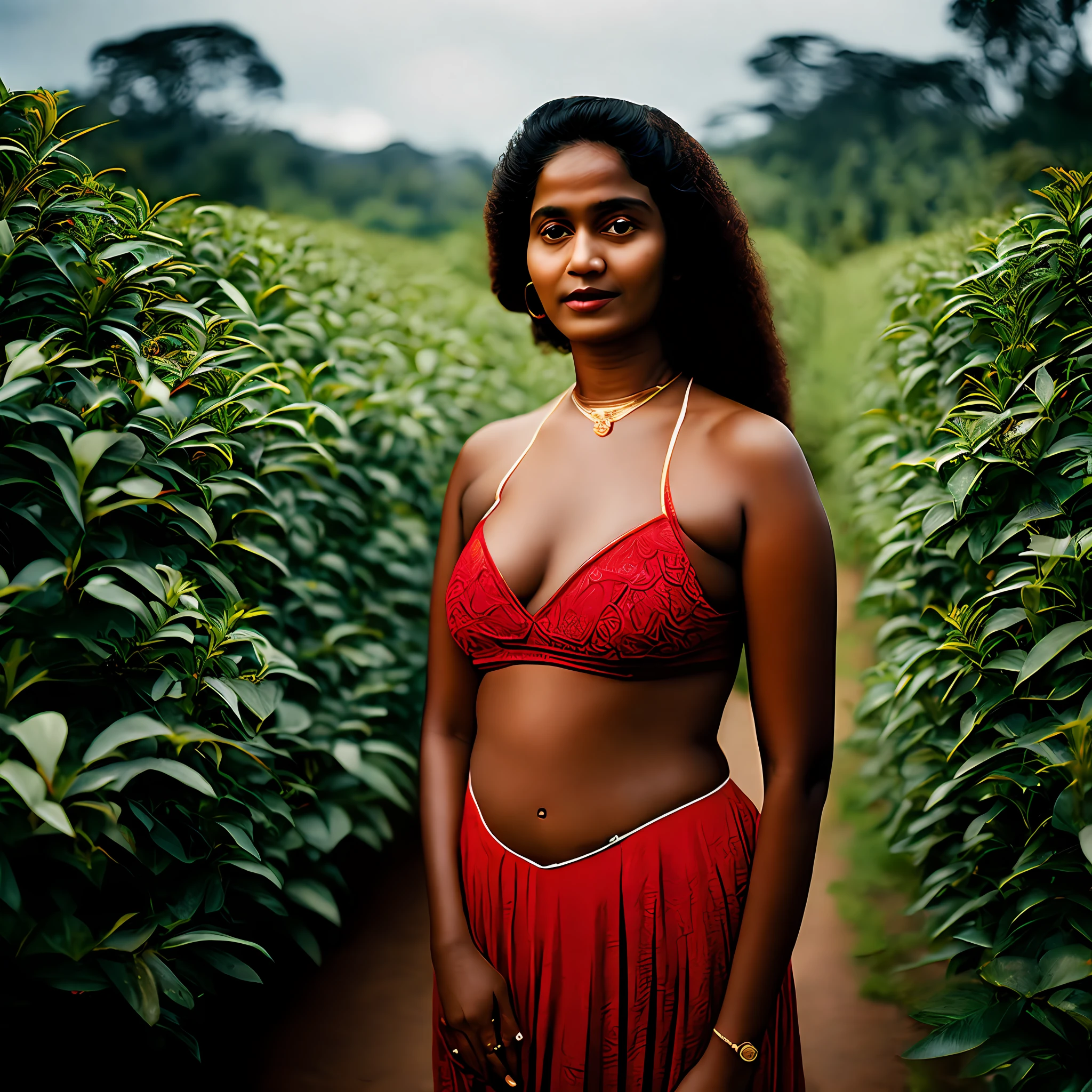 indian Kerala woman traveller,in a tea plantations,red micro bikini,dark skinned, 8k uhd, digital SLR camera, soft light, high quality, film grain,high detail,UHD, masterpiece, accurate, anatomically correct, super detail, high quality, 16k, highres, award winning, ((full body shot)),soft light rays, realistic skin texture, extreme skin details, insane details, intricate details, amazing fine detail, photorealistic, photograph, realistic, realism, photorealism, film grains, lifelike texture, dynamic composition, contrast lighting, sharp focus, raw photo, photon metering, analog photo style, photography with Hasselblad camera, f5.6 lens 500mm, Kodak Portra 400 4x 5, anatomically correct, visible navel, big ass, big hip, ((full body shot)), ((closeup))