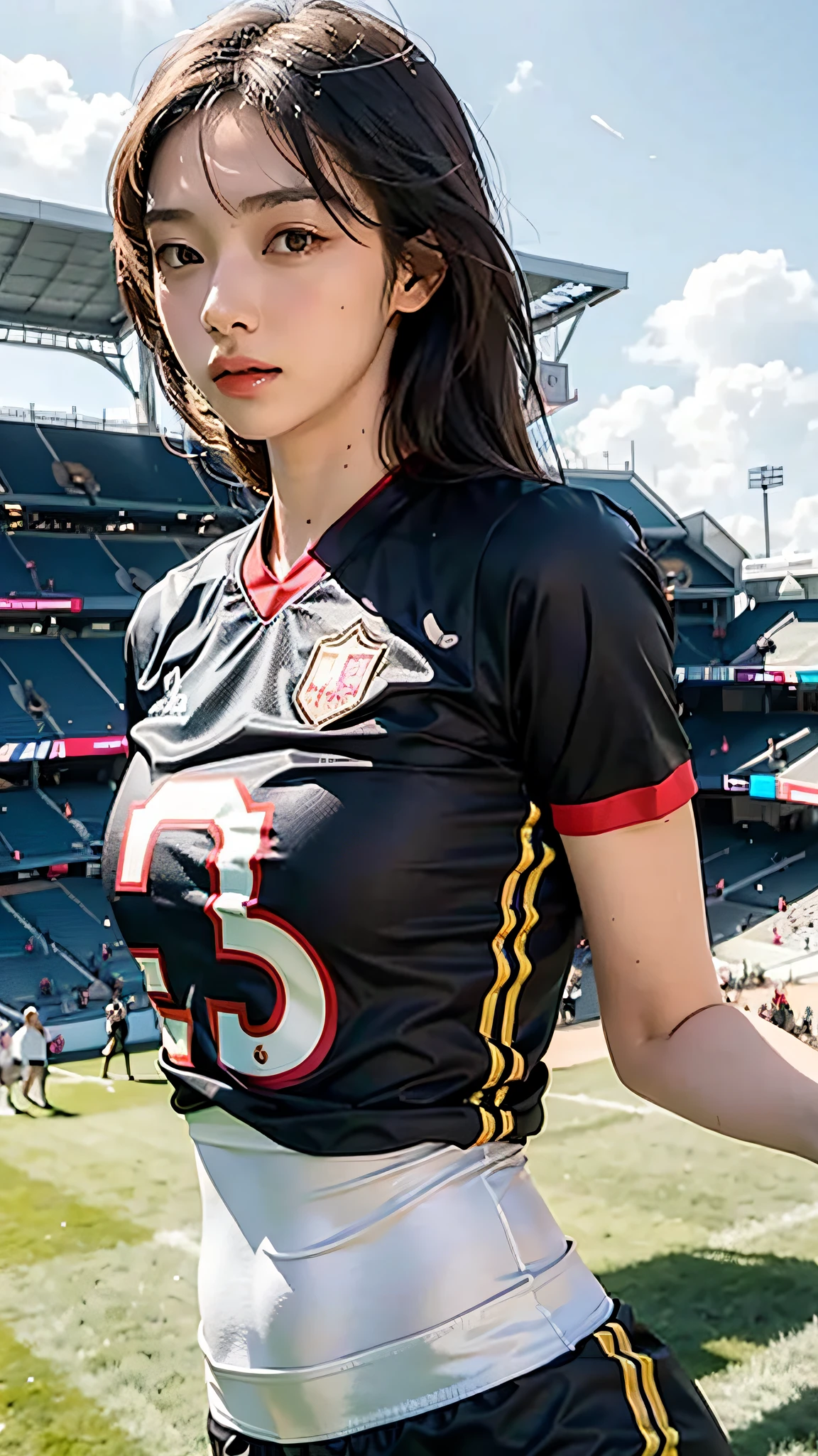 Woman in football jersey