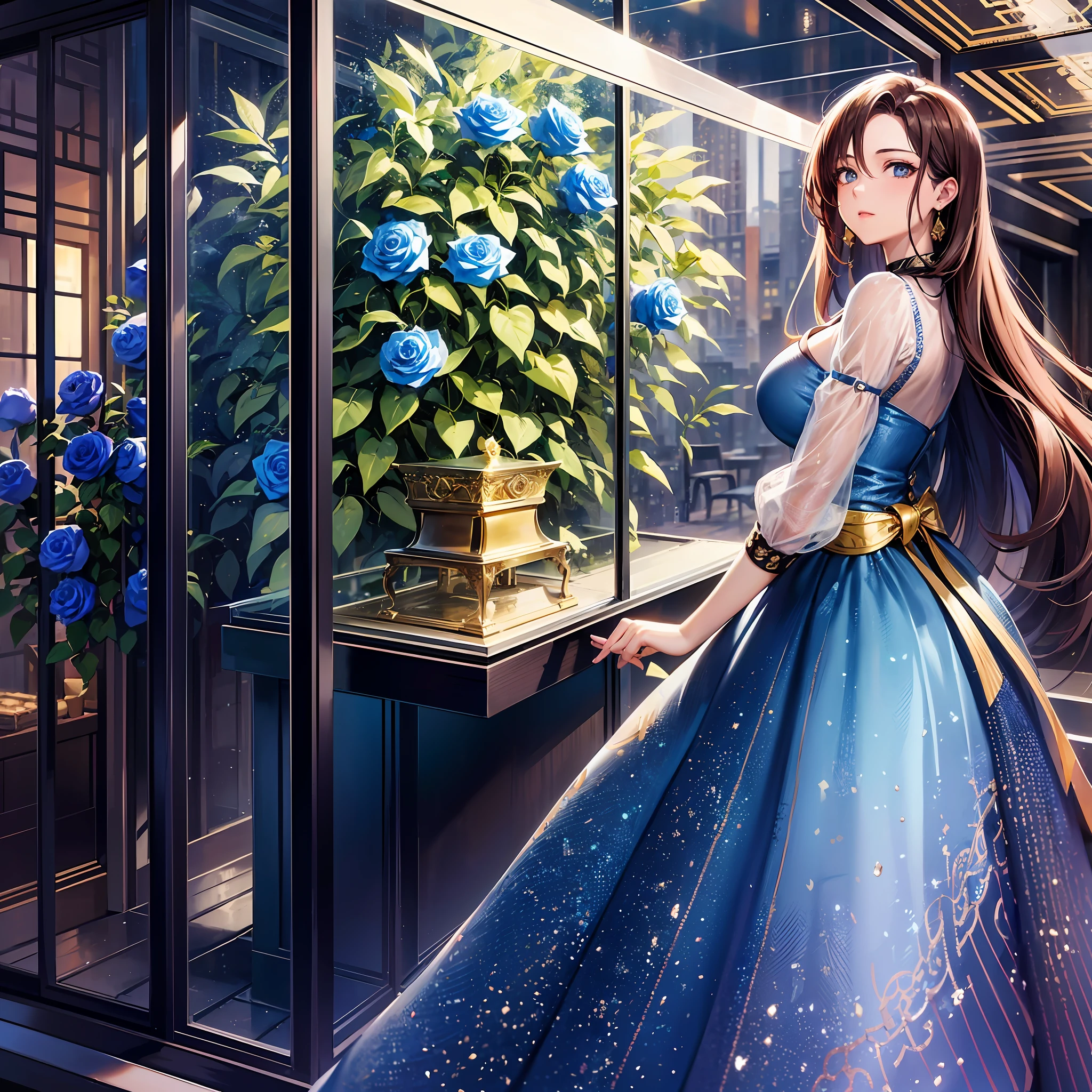 young woman opening a (golden giant treasure box) filled with (blue roses), in a modern setting. She has a look of surprise on her face, as if she has just stumbled upon something magical. The lighting is bright and natural, with a hint of sunshine or indoor lighting. She wears modern clothing, such as jeans or a skirt with a trendy blouse, and her hair is styled in a loose and voluminous way. The treasure box is a modern design, made of polished rose gold metal and wood. The blue roses spill out of the box, creating a beautiful and enchanting scene against the modern backdrop. The background is a mix of urban architecture and lush greenery, suggesting a modern world that still has room for beauty and magic. The overall effect is an image that celebrates the unexpected and the enchanting in modern life.