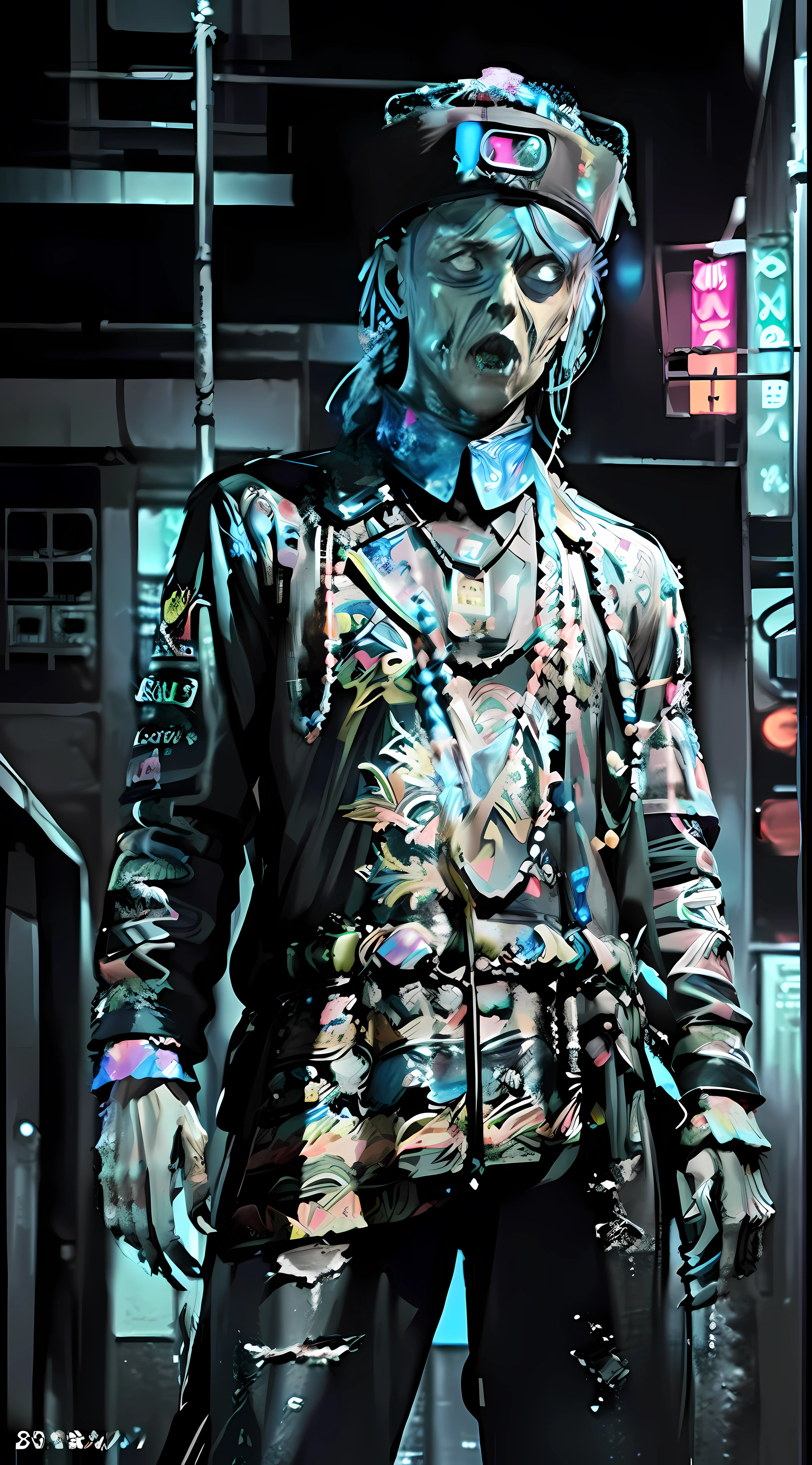 ((Masterpiece), (Best Quality), Ultra High Resolution, (Realistic:1.4), Extraordinary Detail, Colorful Neon Lights, High Resolution, 8K,1 Clear Zombie Boy, Full Body, Clear Hat, Cyberpunk, Mecha Zombie,