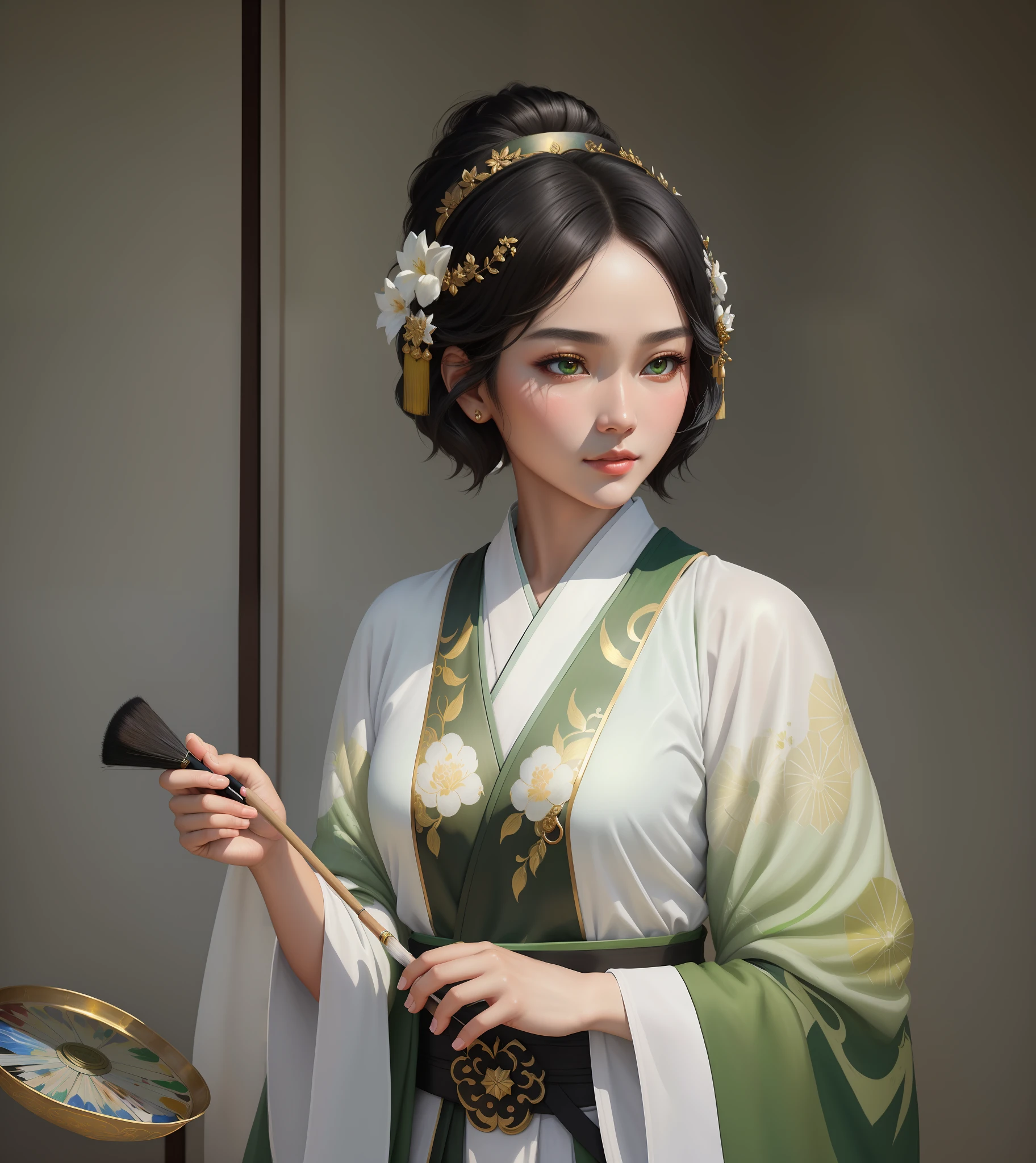beauty, (masterpiece:1.3), (8k, photorealistic, RAW photo, best quality: 1.4), (1girl), beautiful face, (realistic face), (black hair, short hair:1.3), beautiful hairstyle, realistic eyes, beautiful detailed eyes, (realistic skin), beautiful skin, Chinese style Hanfu, absurd, attractive, super high resolution, super realistic, very detailed, golden ratio, hand-painted, strong light and shadow, white Hanfu, green bandeau, exquisite head ornaments, holding a brush, the work is created using realistic oil painting techniques, hand-painted, eyes looking at the audience