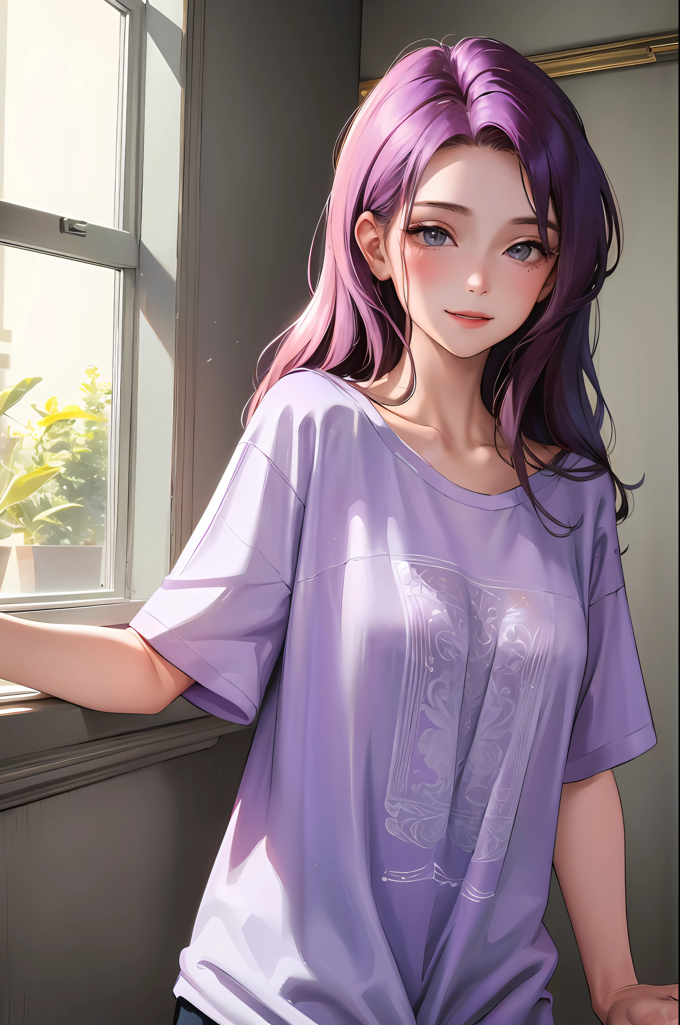 (higher resolution, distinct_image) The best quality, a woman, masterpiece, highly detailed, semi realistic, 21 years old, beautiful, young, handsome, t-shirt, lilac shirt pulled, collar on neck, interior, modern room, window, wake up, morning, blush, smiling