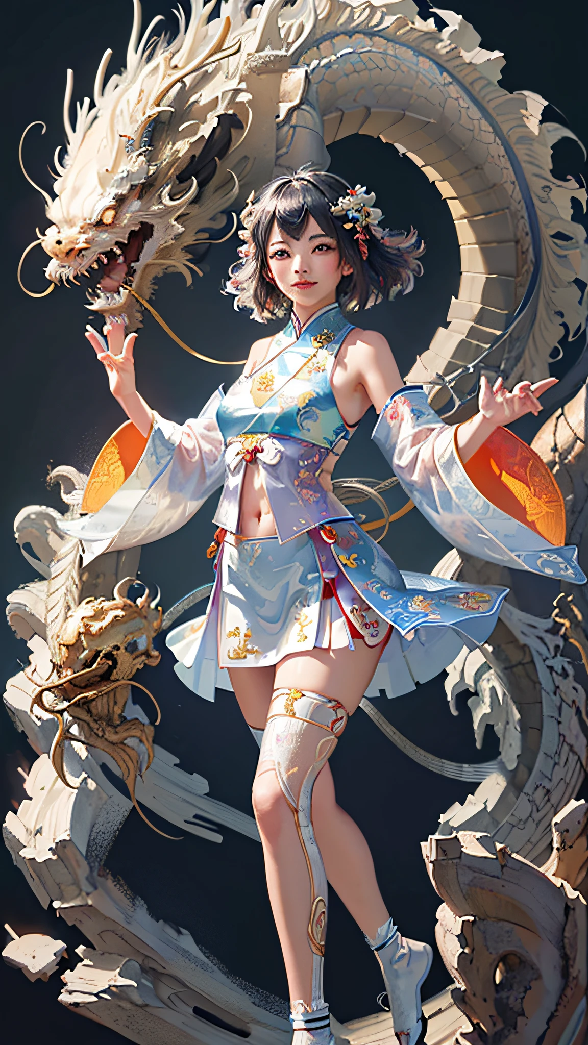 Official Art, Unified 8K Wallpapers, Ultra Detailed, Beautiful and Aesthetic, Masterpiece, Best Quality, (Zentangle, Tangle, Entangle), (fractal art: 1.4), 1girl, black hair, Chinese, bare shoulders, short skirt, calf, navel, very detailed, dynamic angle, cowboyshot, (most beautiful form chaos), flowing, (bright colors), oc, (half: 1.2), china, (thangka flying sky: 1.5), (ribbon: 1.3), (dream: 1.5), (hanfu: 1.5), Chinese dragon, Chinese phoenix, (smile: 0.5), (Chinese deity),