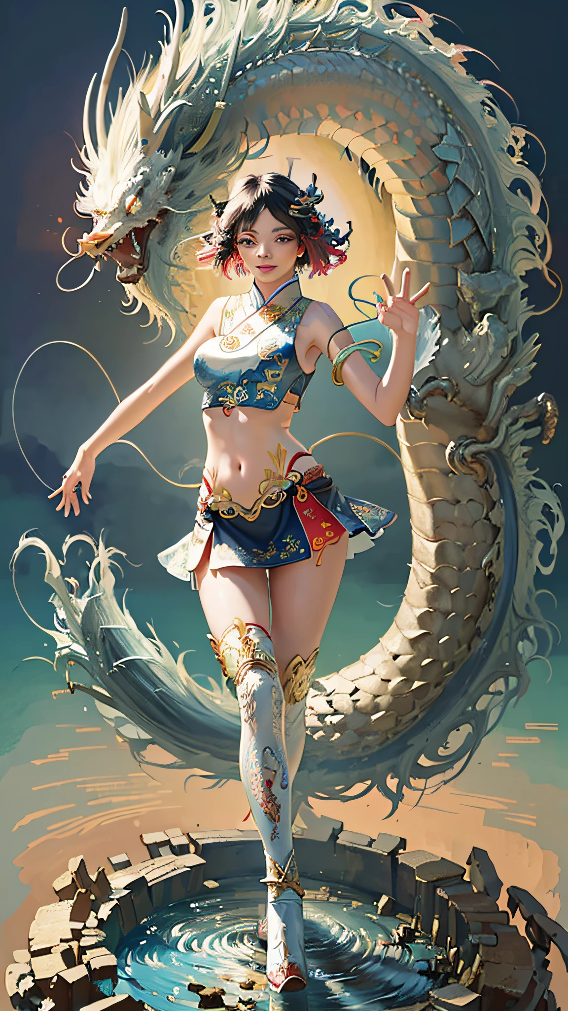 Official Art, Unified 8K Wallpapers, Ultra Detailed, Beautiful and Aesthetic, Masterpiece, Best Quality, (Zentangle, Tangle, Entangle), (fractal art: 1.4), 1girl, black hair, Chinese, bare shoulders, short skirt, calf, navel, very detailed, dynamic angle, cowboyshot, (most beautiful form chaos), flowing, (bright colors), oc, (half: 1.2), china, (thangka flying sky: 1.5), (ribbon: 1.3), (dream: 1.5), (hanfu: 1.5), Chinese dragon, Chinese phoenix, (smile: 0.5), (Chinese deity),