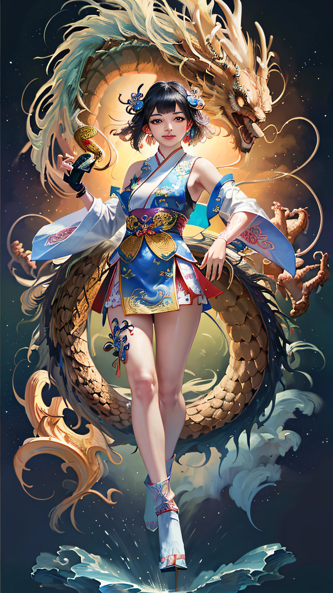 Official Art, Unified 8K Wallpapers, Ultra Detailed, Beautiful and Aesthetic, Masterpiece, Best Quality, (Zentangle, Tangle, Entangle), (fractal art: 1.4), 1girl, black hair, Chinese, bare shoulders, short skirt, calf, navel, very detailed, dynamic angle, cowboyshot, (most beautiful form chaos), flowing, (bright colors), oc, (half: 1.2), china, (thangka flying sky: 1.5), (ribbon: 1.3), (dream: 1.5), (hanfu: 1.5), Chinese dragon, Chinese phoenix, (smile: 0.5), (Chinese deity),