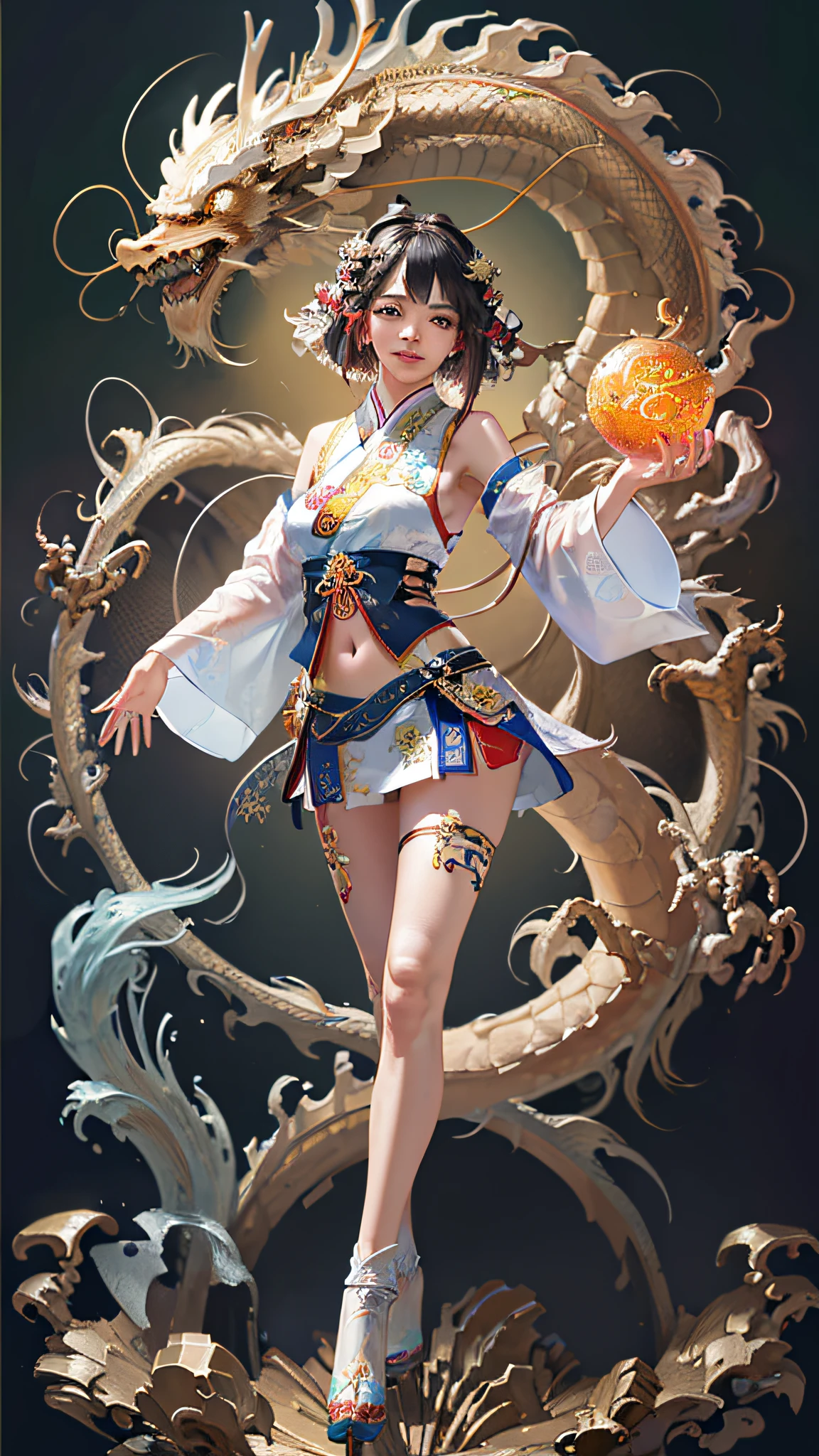 Official Art, Unified 8K Wallpapers, Ultra Detailed, Beautiful and Aesthetic, Masterpiece, Best Quality, (Zentangle, Tangle, Entangle), (fractal art: 1.4), 1girl, black hair, Chinese, bare shoulders, short skirt, calf, navel, very detailed, dynamic angle, cowboyshot, (most beautiful form chaos), flowing, (bright colors), oc, (half: 1.2), china, (thangka flying sky: 1.5), (ribbon: 1.3), (dream: 1.5), (hanfu: 1.5), Chinese dragon, Chinese phoenix, (smile: 0.5), (Chinese deity),