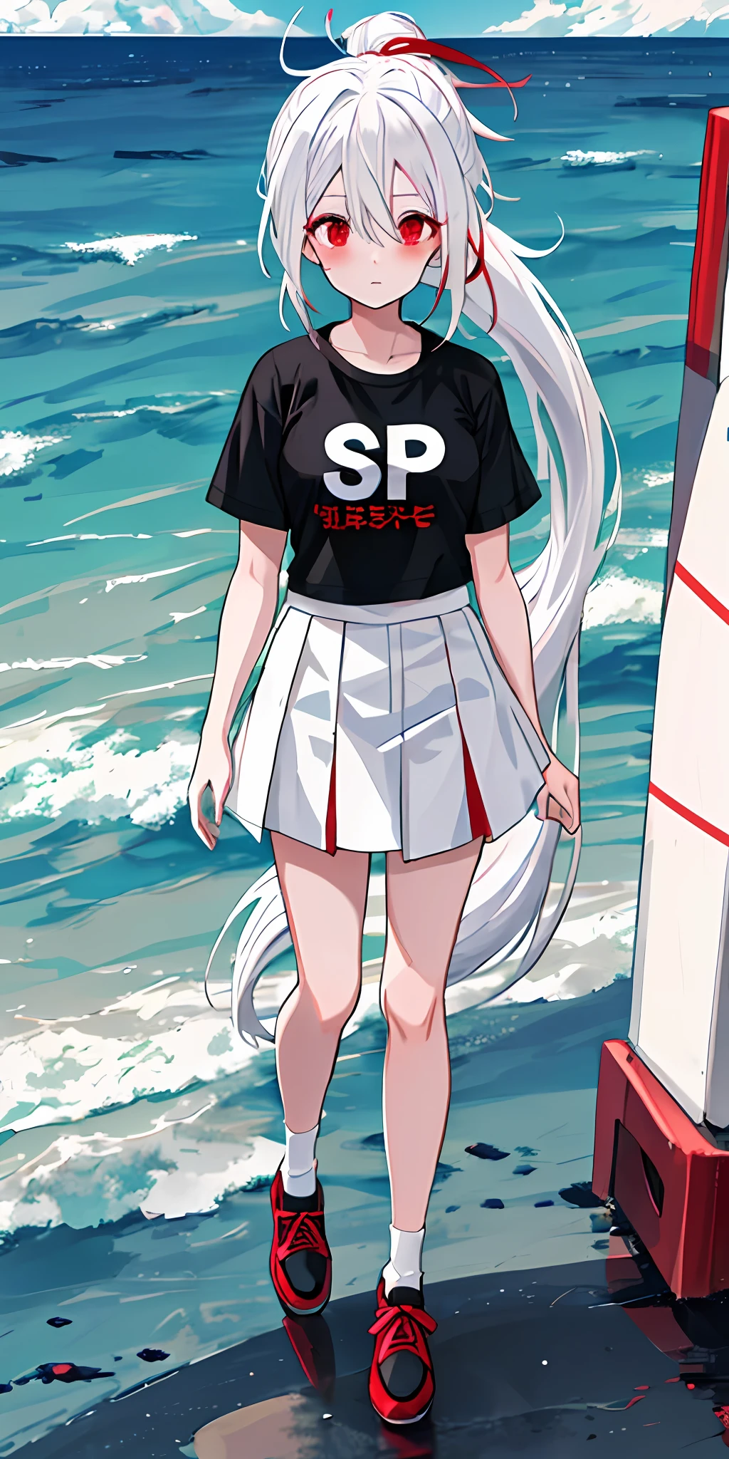 Anime girl with full white hair, long ponytail tied with red ribbon, ahoge, red eyes, shy blush, medium sized , black t-shirt with the words "SP" on it, white skirt with red lining, black shoes with red lining, transparent cloth, water, seaside, beach, sunny, full body image, wearning white thights, face viewer