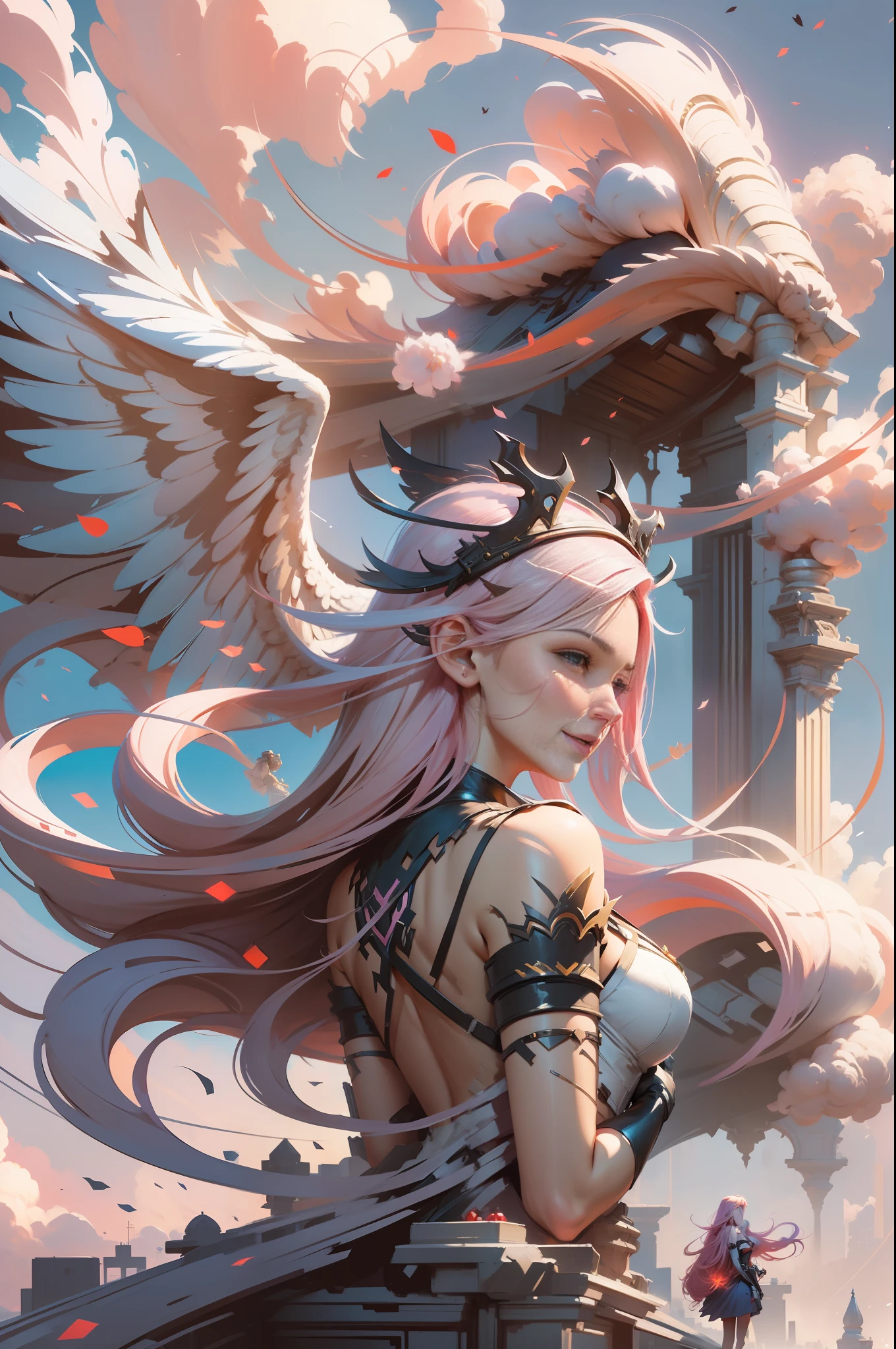beautiful woman, seductive, smiling, standing, with white angel wings coming out of her back, powerful, red dress, forehead showing, queen, pink hair, delicate, long hair, from League of Legends, trending on artstation, by rhads , Andreas Rocha, Rossdraws, Makoto Shinkai, Laurie Greasley, Lois Van Baarle, Ilya Kuvshinov and Greg Rutkowski