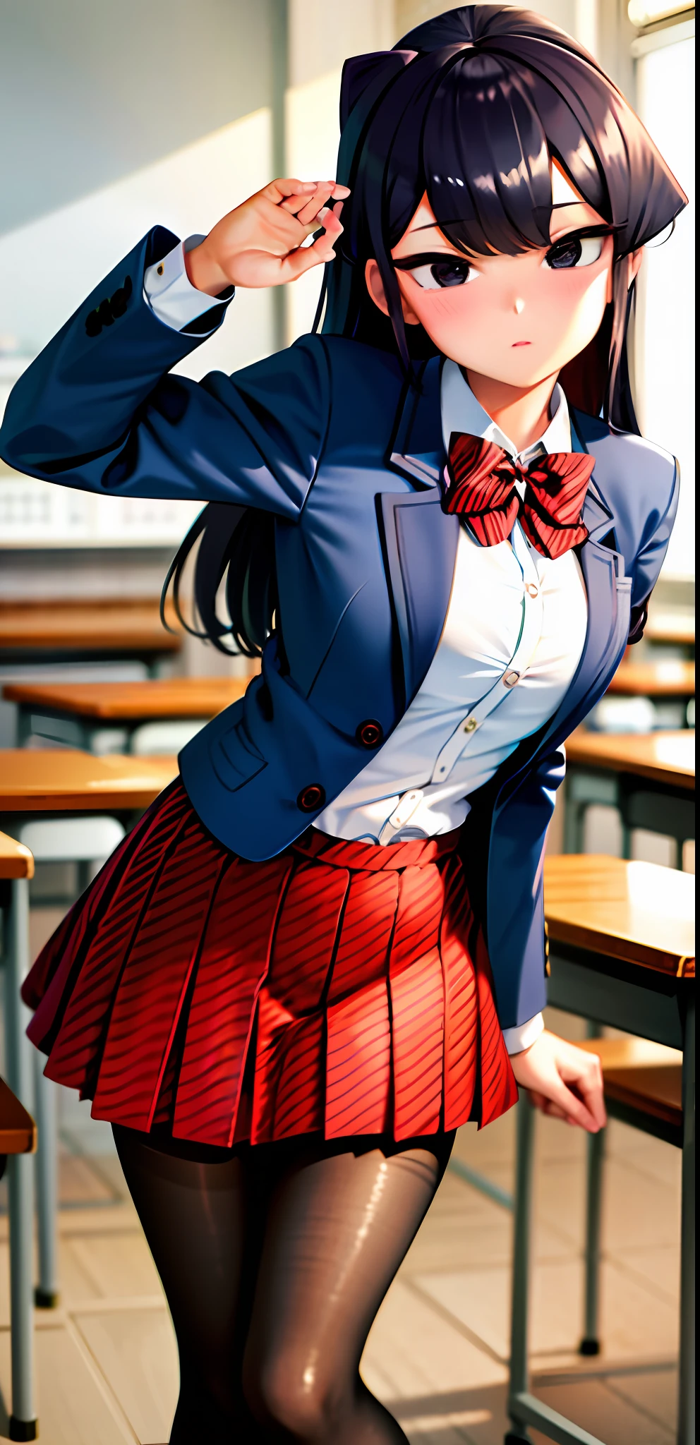 komiShouko, masterpiece, best quality, absurdres, 1girl, looking at viewer, standing, v arms, pantyhose, classroom, cowboy shot, school uniform, red skirt, red bow, blazer