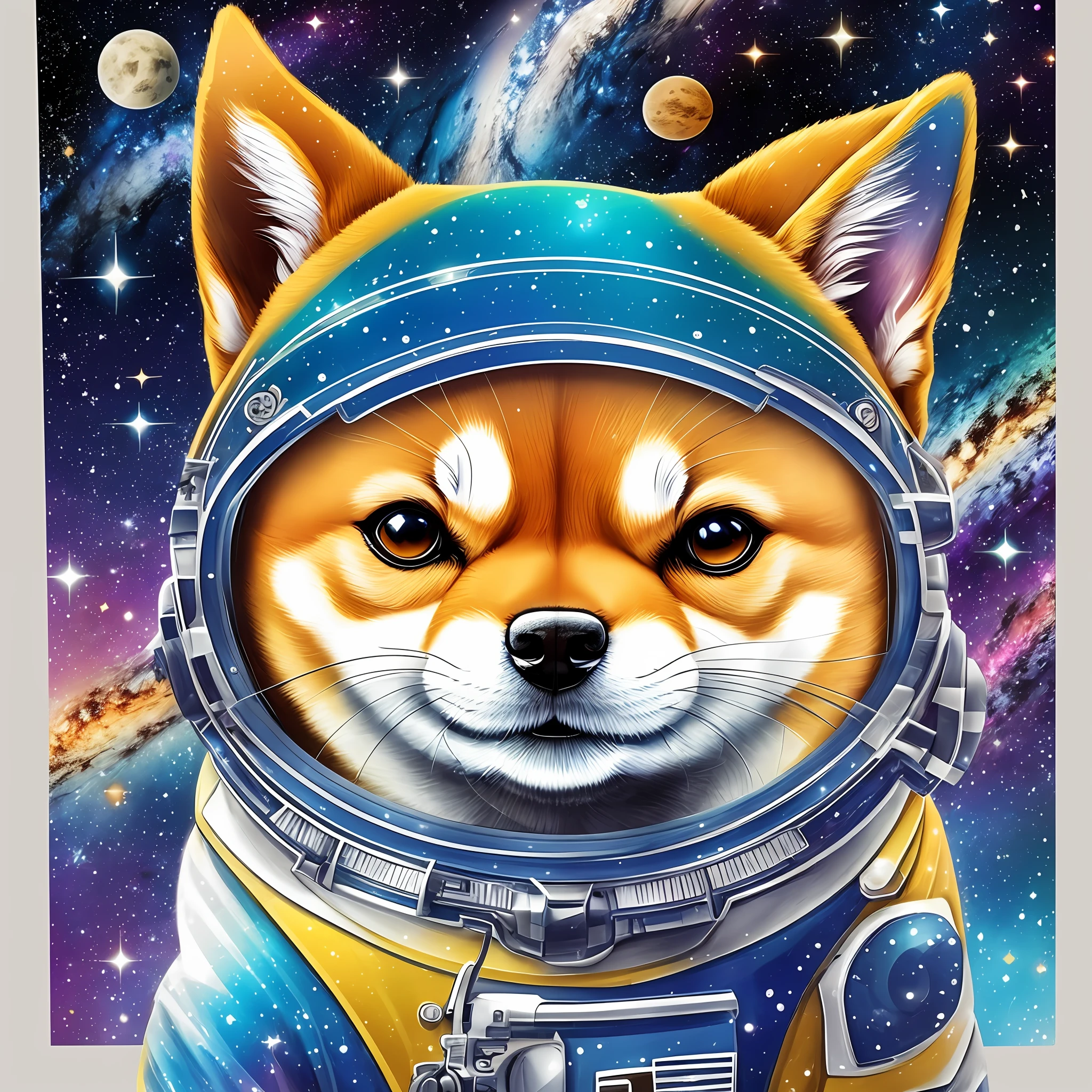 Shiba Inu spacesuit design: Incorporate the distinctive characteristics of the breed to create an adorable design of the Shiba Inu spacesuit. For example, design the hood of a spacesuit to resemble the shape of Shiba Inu ears. It is also conceivable to incorporate the tail of a Shiba Inu peeking out from the back of the spacesuit. Cosmic background depiction: Emphasize the depiction of stars and galaxies in the background to express the vastness of the universe. Add stars of different sizes and intensities to create vivid galactic expanses. The inclusion of distant planets and spaceships in the scene further enhances the sense of spaciousness of the universe. Spaceship Design: If a Shiba Inu has a spaceship, you can be creative with its design. Consider a cartoonish-style spaceship that complements the appearance of a Shiba Inu. Alternatively, you can incorporate Shiba Inu-inspired elements into your spaceship design. By adding "kawaii" to it, the design becomes more attractive. Astronaut helmet: If your Shiba Inu has an astronaut helmet, also pay attention to its design. Create a unique helmet design where Shiba Inu's facial expressions can show through, or incorporate galactic reflections on the surface to represent Shiba Inu's face. Regenerate response by making facial expressions transparent or incorporating galactic reflections on the surface to display Shiba Inu's face. Regenerate response by making facial expressions transparent or incorporating galactic reflections on the surface to display Shiba Inu's face. Regenerate Response --auto --s2