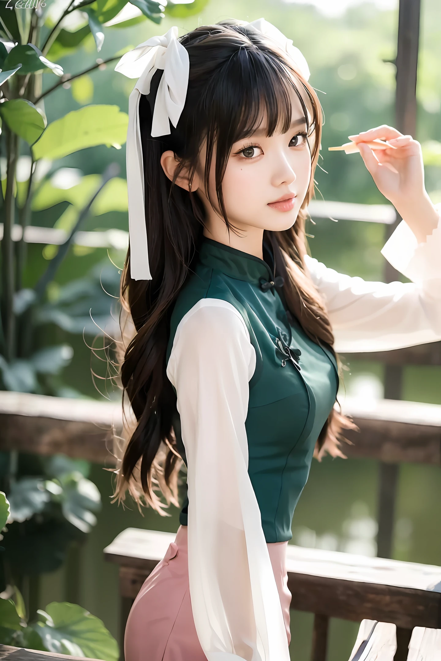 Gentle and charming Chinese beautiful woman, upper body photo, exquisite and  collarbone, charming oval face, double eyelids, smart peach blossom eyes, pink lips, small nose,  shoulders, focused face, face close-up, ultra-high-definition, Super details, elegant standing, lace embroidered high-waisted skirt, lace flower hollow design, meticulous workmanship, full of big-name style, the tight skirt is perfectly wrapped, so that the natural and smooth body lines are fully displayed.