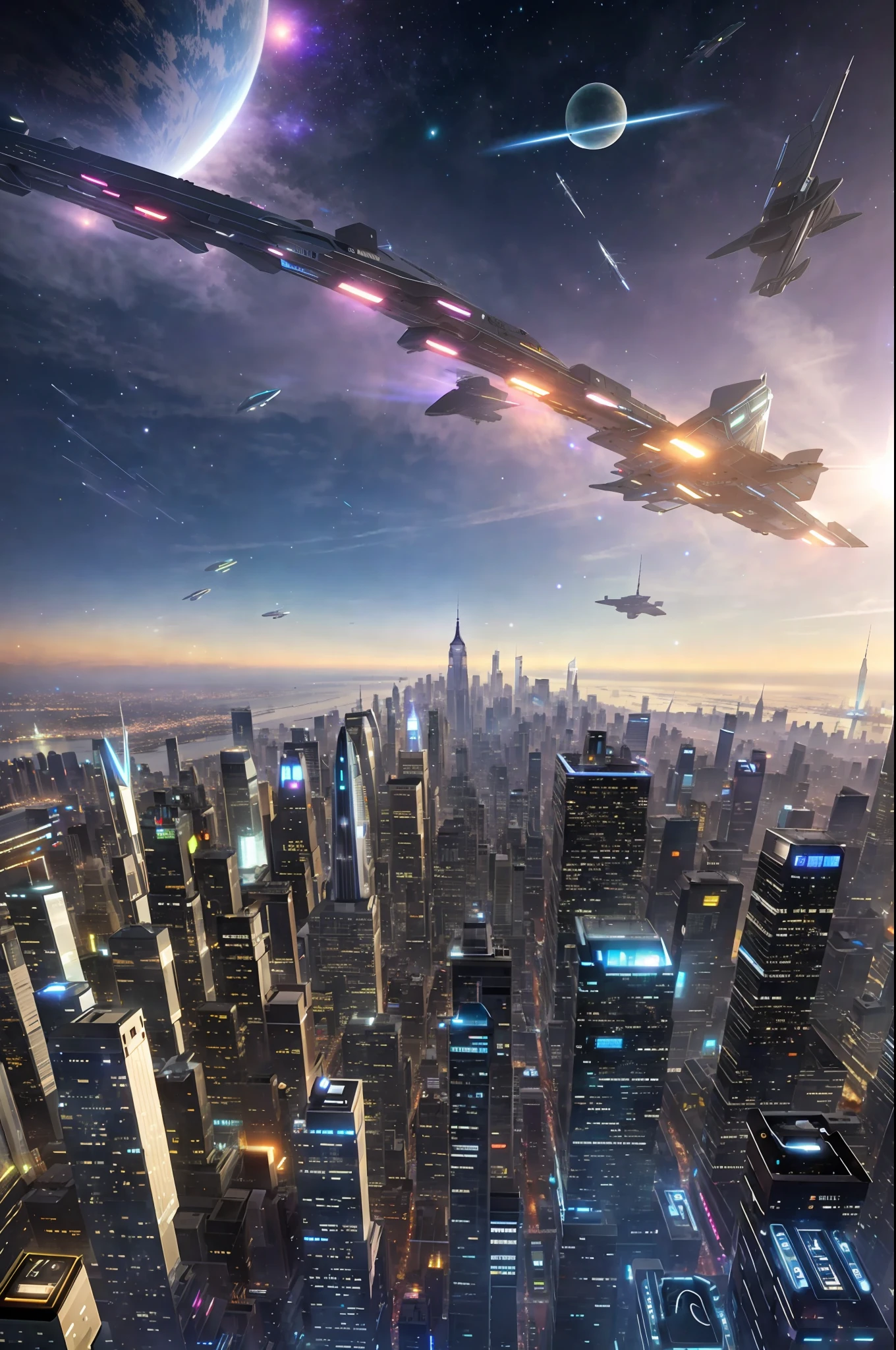 spaceships flying over a city at night with a bright sky, sci - fi scene future new york, vista of futuristic city, in fantasy sci - fi city, new york in the future, photo of futuristic cityscape, science fiction city, new york city in the year 2100, futuristic city scape, futuristic city in background, futuristic cityscape