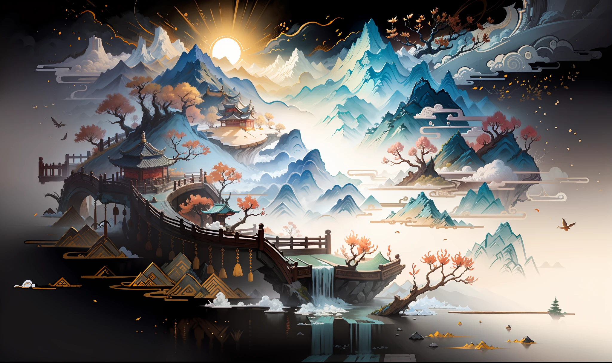 Ancient Chinese scenery, mountains, rivers, auspicious clouds, sunshine, white background, masterpiece, super detail, epic composition, Ultra HD, high quality, extremely detailed, official art, unified 8k wallpaper, Super detail, 32k -- v 6