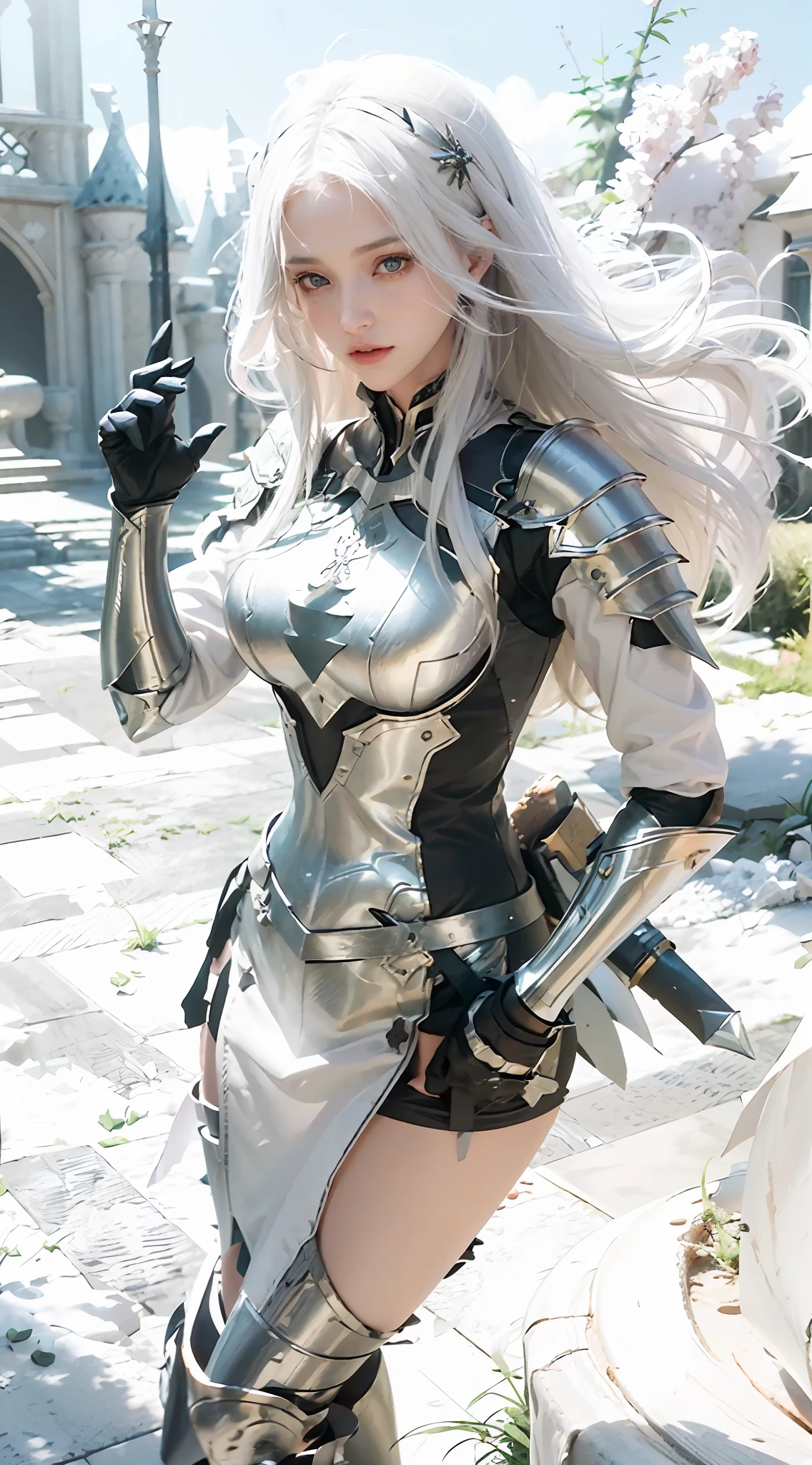 ((Best Quality)), ((Masterpiece)), (Details: 1.4), 3D, A Beautiful Female Knight, (Long White Hair: 1.9), (Red Eyes: 1.7), (Armor: 1.5), Sabre, Temple Background, Gothic Chapel, HDR (High Dynamic Range), Ray Tracing, NVIDIA RTX, Super-Resolution, Unreal 5, Subsurface Scattering, PBR Texture, Post Processing, Anisotropic Filtering, Depth of Field, Maximum sharpness and sharpness, multi-layer textures, albedo and highlight maps, surface shading, accurate simulation of light-material interactions, perfect proportions, Octane Render, two-color light, large aperture, low ISO, white balance, rule of thirds, 8K RAW,