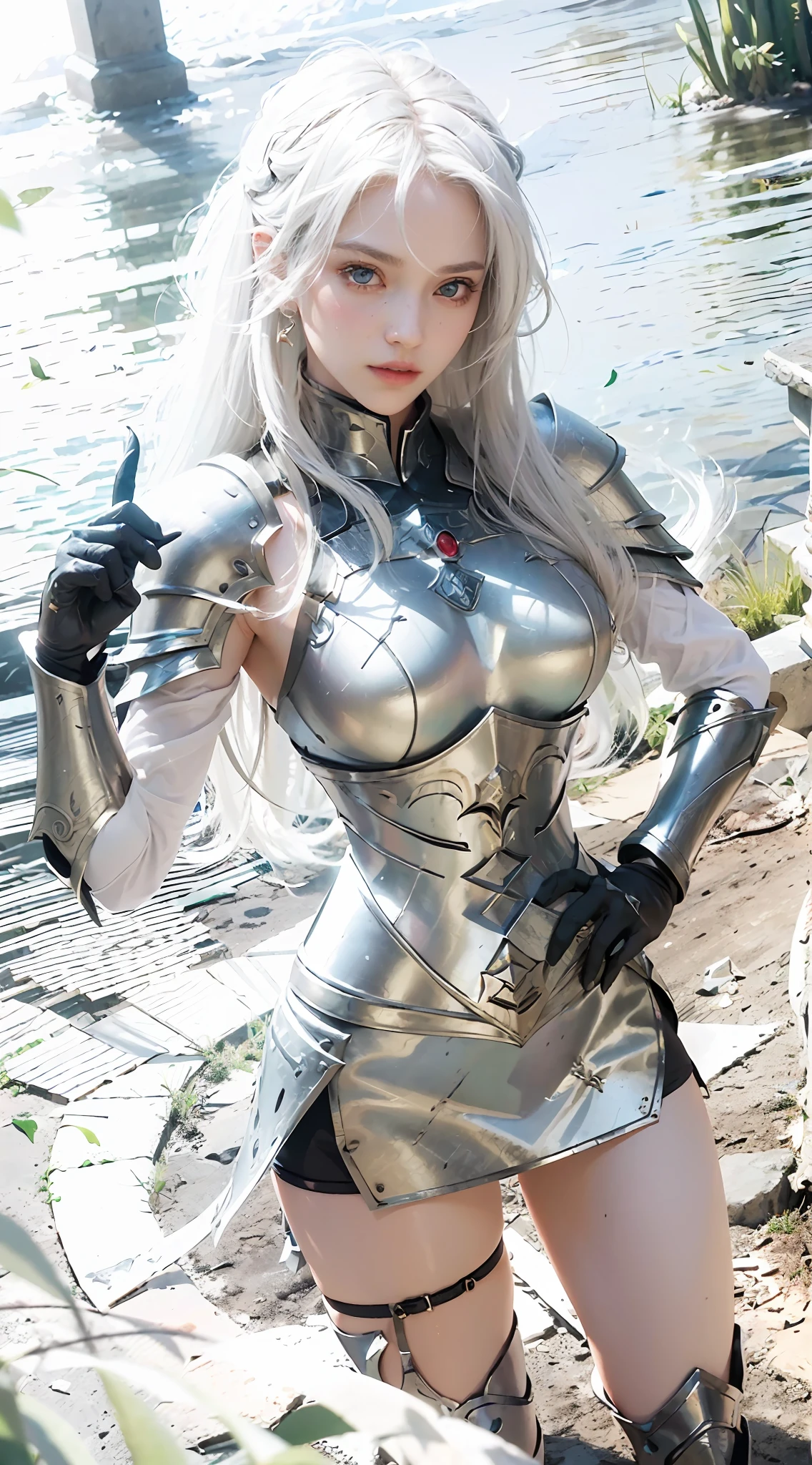 ((Best Quality)), ((Masterpiece)), (Details: 1.4), 3D, A Beautiful Female Knight, (Long White Hair: 1.9), (Red Eyes: 1.7), (Armor: 1.5), Sabre, Temple Background, Gothic Chapel, HDR (High Dynamic Range), Ray Tracing, NVIDIA RTX, Super-Resolution, Unreal 5, Subsurface Scattering, PBR Texture, Post Processing, Anisotropic Filtering, Depth of Field, Maximum sharpness and sharpness, multi-layer textures, albedo and highlight maps, surface shading, accurate simulation of light-material interactions, perfect proportions, Octane Render, two-color light, large aperture, low ISO, white balance, rule of thirds, 8K RAW,