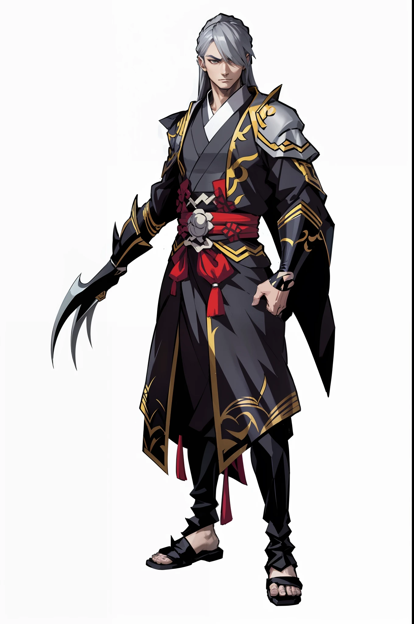 A handsome man, He wears a black Chinese dragon pattern robe, Wear a black headscarf, 。 One-handed claw weapon, hair over one eye, long hair, grey hair, silver hair, anime, anime style, high detail, character chart, reference sheet, anatomically correct, ccurate