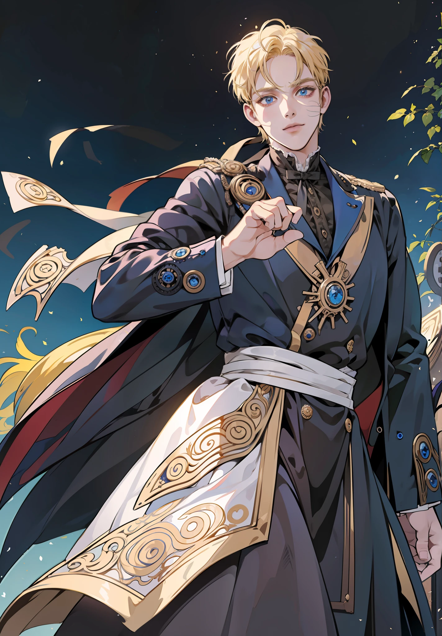 Prince, blue eyes, blonde hair, black outfit, mature, masculine man, quality, tan skin, solo, blue eyes, naruto with victorian attire, ((((victorian male attire)))), 1 boy, solo, uzumaki naruto, whiskermark, masculine, adult, flowers, smile, garden, leaves, castle, standing, hand behind body, cape,