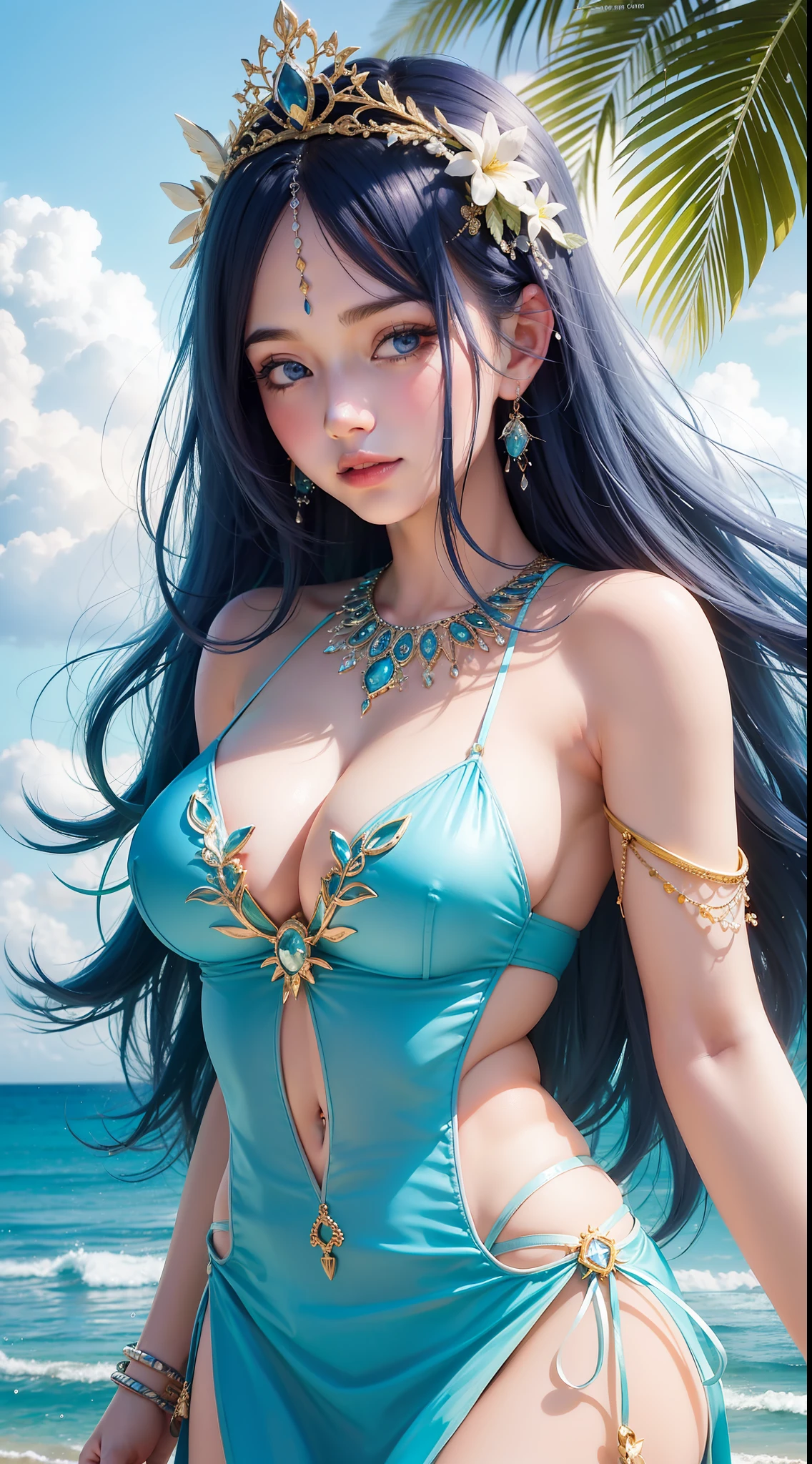 A breathtaking picture of a blue-haired goddess in a sheer blue dress, walking on the shore of a tropical island. Her face is flawless and radiant, with captivating eyes and a sweet smile. Her hair flows down her shoulders, framing her lovely features. Her dress clings to her curves and reveals her skin, creating a harmony with the ocean. The image is vivid and colorful, with every detail captured in 8k resolution. The lighting is bright and warm, highlighting her hair and dress. The background is serene, with palm trees, sand and waves. The image is a masterpiece of beauty and nature, showcasing the girl’s grace and charm. She looks like a fantasy come true, a perfect blend of innocent and sexy, like a mermaid princess