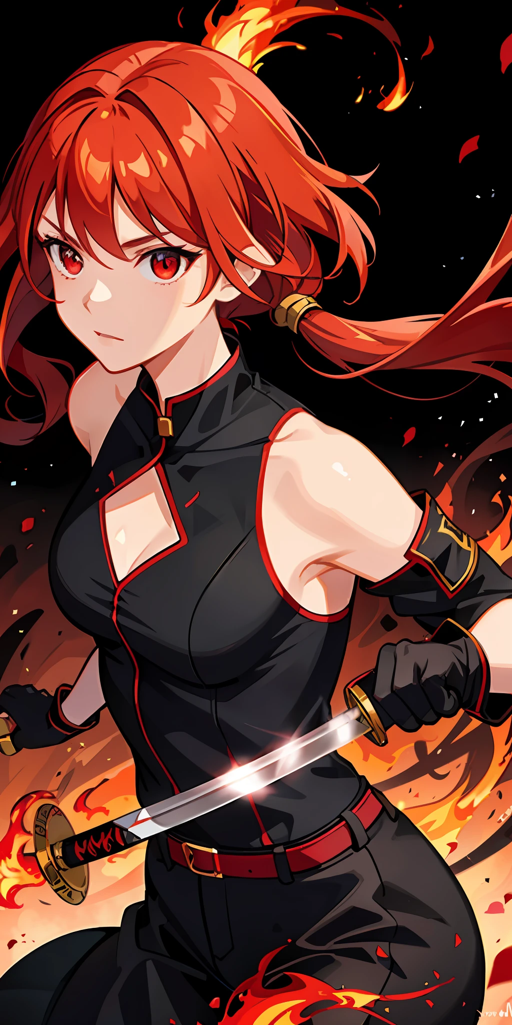 1girl,red hair, flaming eye, katana, flames, burning houses, glowing, sidelighting, wallpaper,