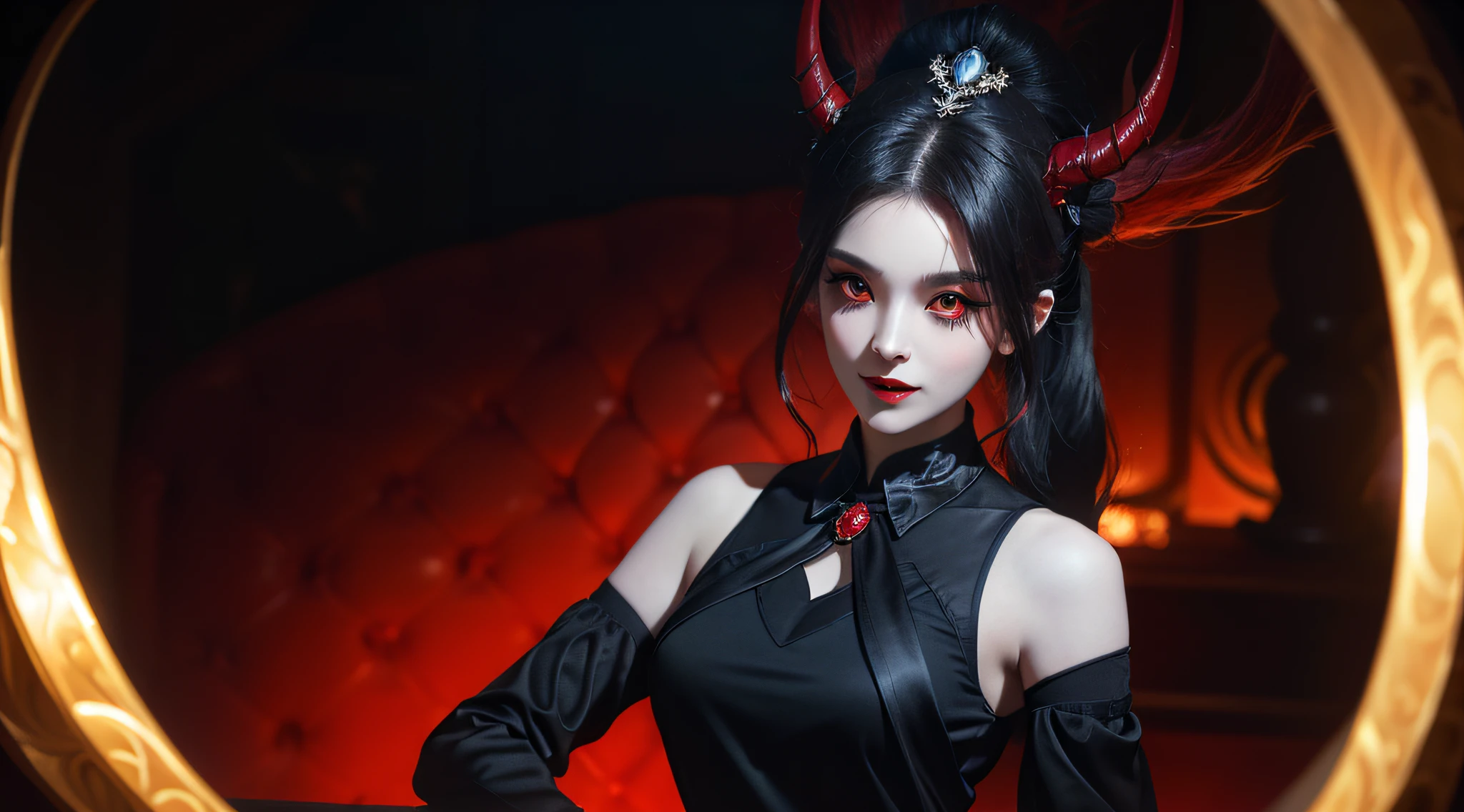 1 beautiful devil woman from hell, In the Dark: 1.6), surreal female portrait by David Hockney and Alphonse Mucha, fantasy art, korea doll, photorealism, dynamic lighting, artstation, poster, volumetric lighting, very detailed faces, 8k ultra, Awarded, in the dark, deep shadow, low key, cowboy lens, (Red phoenix dress: 1.4), long hair, black hair, bust, luxurious palace, Royal style, devil crown, red eyes make up very sharp and detailed, The most beautiful face, The breasts are very big and round and round, Super realistic, chinese women's clothing, polo neck sweater, Charming smile, The eyes are very well made up, guweiz, devil style, wearing black mesh socks, Ponytail with a bow tied at the back of the hair, Red black lips, Devil tattoo on shoulder, wearing a thin red and black robe, the landscape is overcast and thunderous, (Portrait), Close-up of the main character, (Background details 1.8),