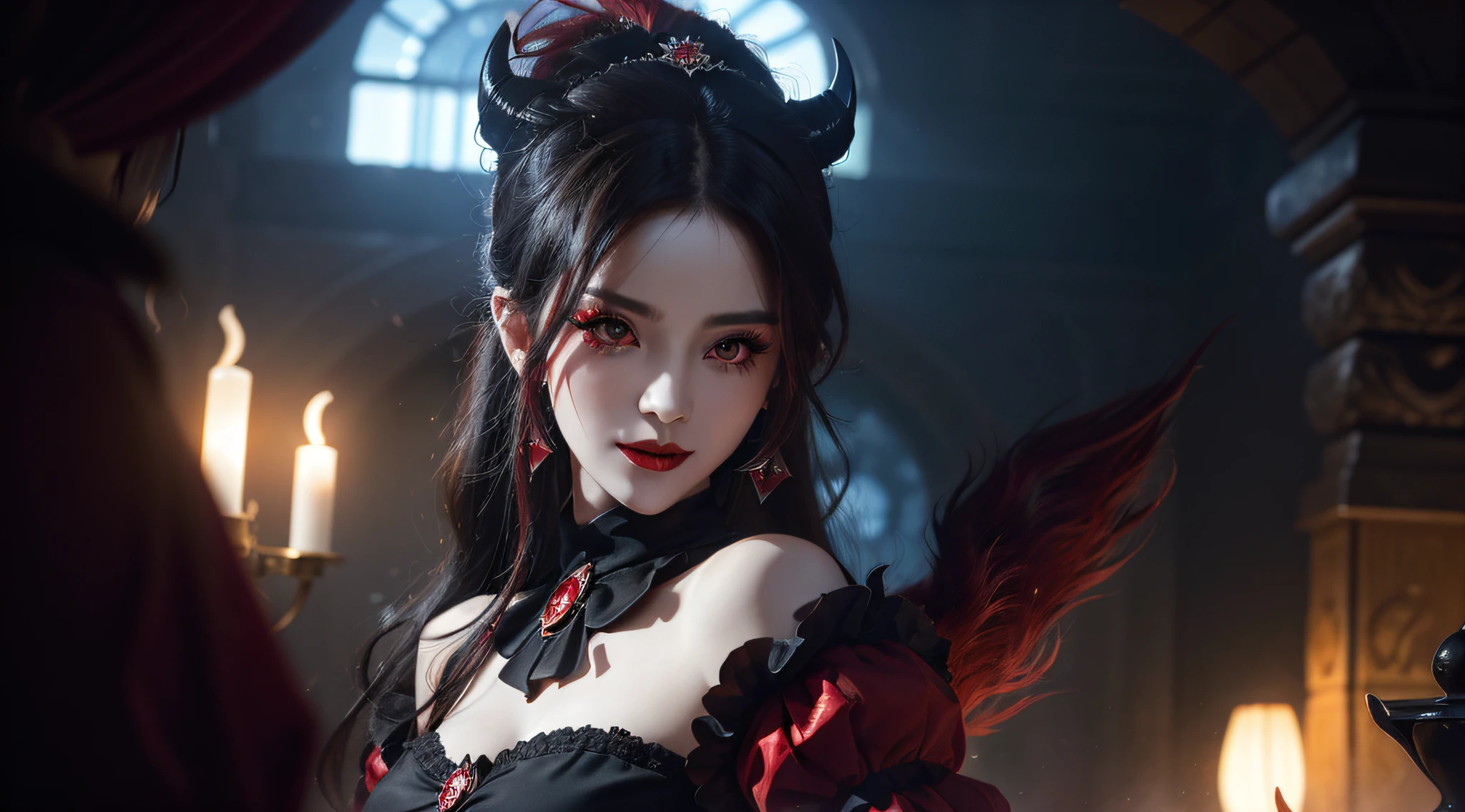 1 beautiful devil woman from hell, In the Dark: 1.6), surreal female portrait by David Hockney and Alphonse Mucha, fantasy art, korea doll, photorealism, dynamic lighting, artstation, poster, volumetric lighting, very detailed faces, 8k ultra, Awarded, in the dark, deep shadow, low key, cowboy lens, (Red phoenix dress: 1.4), long hair, black hair, bust, luxurious palace, Royal style, devil crown, red eyes make up very sharp and detailed, The most beautiful face, The breasts are very big and round and round, Super realistic, chinese women's clothing, polo neck sweater, Charming smile, The eyes are very well made up, guweiz, devil style, wearing black mesh socks, Ponytail with a bow tied at the back of the hair, Red black lips, Devil tattoo on shoulder, wearing a thin red and black robe, the landscape is overcast and thunderous, (Portrait), Close-up of the main character, (Background details 1.8),