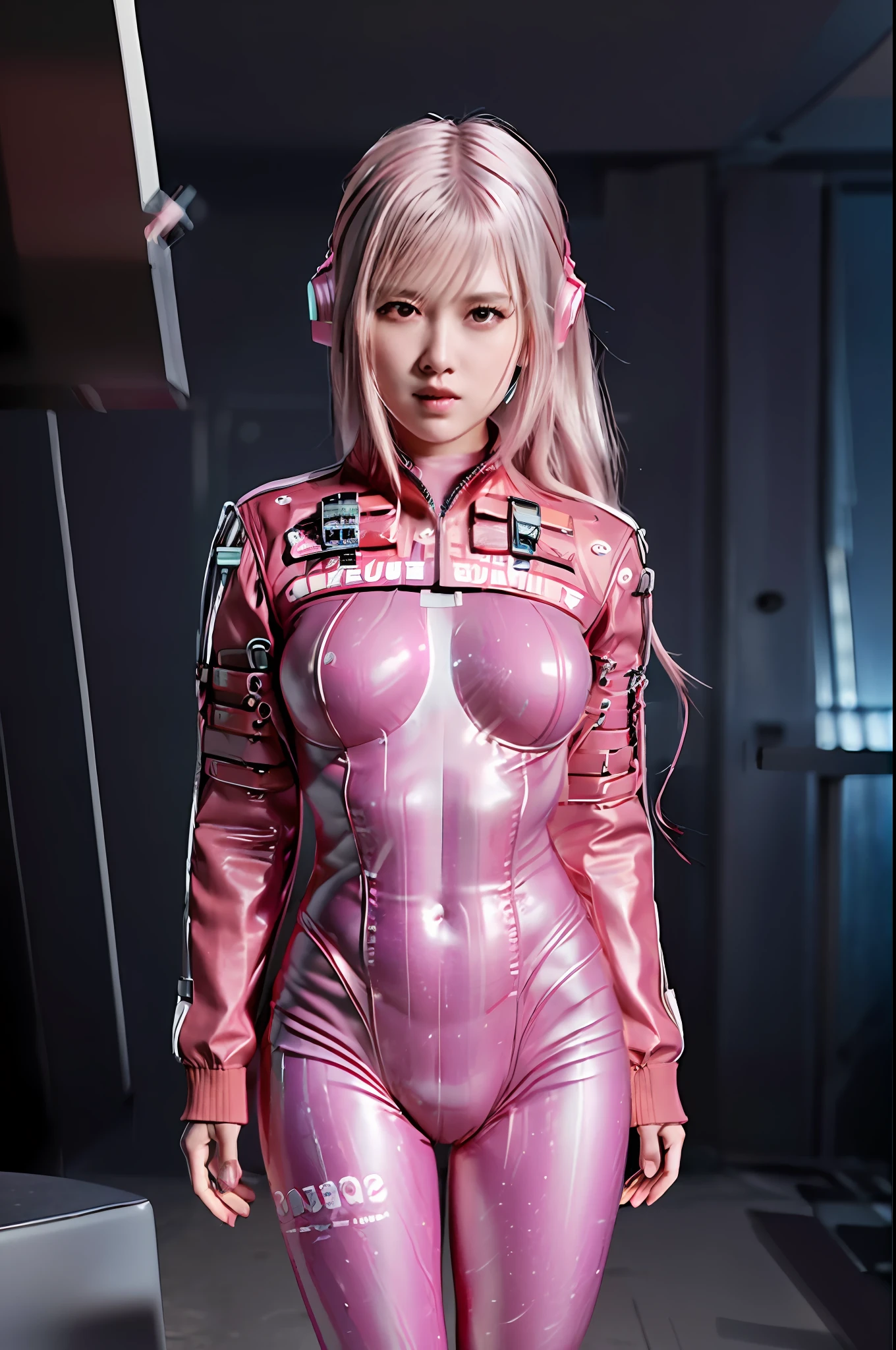 (8k, RAW photo, best quality, masterpiece:1.2), (realistic, photo-realistic:1.37), ultra-detailed, wallpaper, 1girl, cute, look-like (Watanabe-Mayu), detailed face, (cyborg eye), short hair),(complex 3d render ultra detailed of a sci-fi white-iron suit:1.2), (android face:1), (cyborg), (robotic parts), (luxurious cyberpunk), (hyperrealistic), (anatomical), (cable electric wires), (microchip), (robot), (silver halmet), (full-body:1), detailed office, morning, professional lighting, cinematic lighting, photon mapping, radiosity, physically-based rendering, bangs, bodysuit, covered navel, cropped jacket, gloves, headphones, impossible bodysuit, jacket, (long pink hair), long sleeves, looking at viewer, parted lips, pink bodysuit, pink eyes, puffy sleeves, red jacket, shrug , ((standing , full body)) , smile , (cute pose)