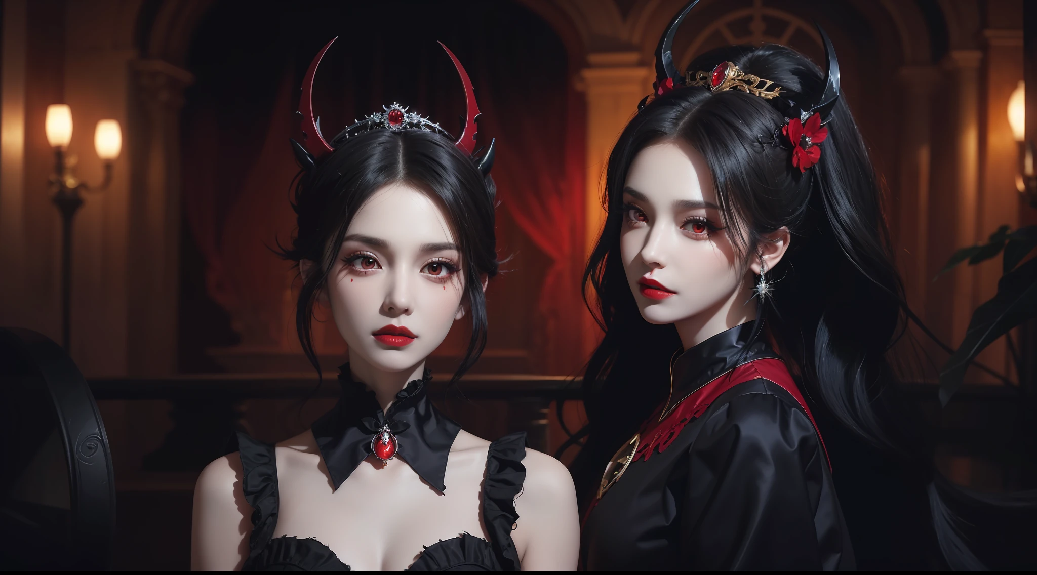 1 beautiful devil woman from hell, In the Dark: 1.6), surreal female portrait by David Hockney and Alphonse Mucha, fantasy art, korea doll, photorealism, dynamic lighting, artstation, poster, volumetric lighting, very detailed faces, 8k ultra, Awarded, in the dark, deep shadow, low key, cowboy lens, (Red phoenix dress: 1.4), long hair, black hair, bust, luxurious palace, Royal style, devil crown, red eyes make up very sharp and detailed, The most beautiful face, The breasts are very big and round and round, Super realistic, chinese women's clothing, polo neck sweater, Charming smile, The eyes are very well made up, guweiz, devil style, wearing black mesh socks, Ponytail with a bow tied at the back of the hair, Red black lips, Devil tattoo on shoulder, wearing a thin red and black robe, the landscape is overcast and thunderous, (Portrait), Close-up of the main character, (Background details 1.8),