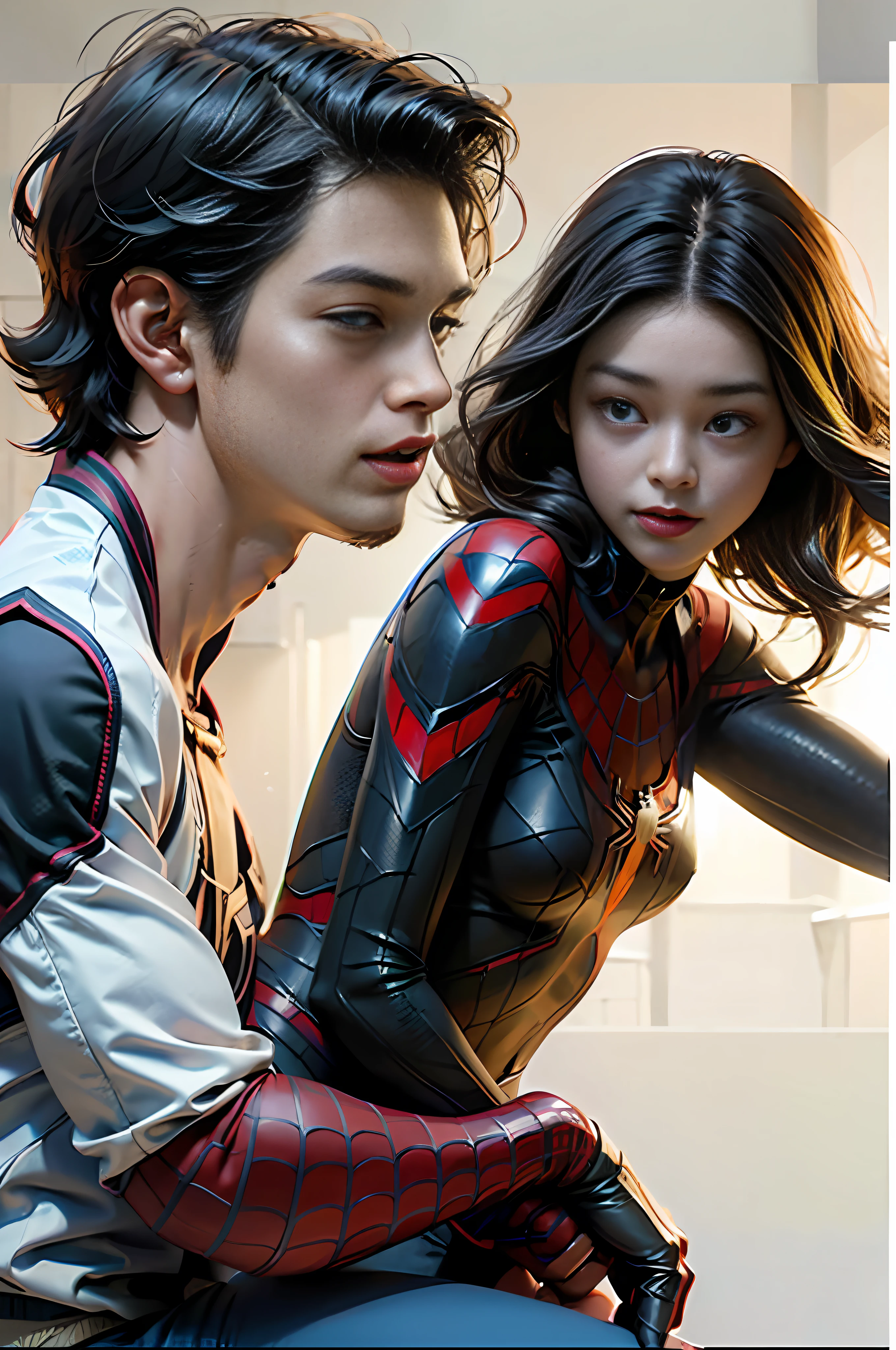 RAW,1girl, (A charming 18 year old Chinese girl: 1.5), (no mask, face: 2), handsome, Spider-Man classic pose, shooting spider silk, masterpiece, super fine photo, best quality, super high resolution, photorealistic photorealism, sunny handsome, full body portrait, delicate face, vibrant eyes, (viewed from the side), she is wearing a futuristic steel woman Spider-Man costume, very detailed background, detailed face, detailed complex busy background, highly detailed skin, realistic skin details, visible pores, sharp focus, volumetric fog, 8k UHD, DSLR, high quality, film grain, photo realism, wheat skin,