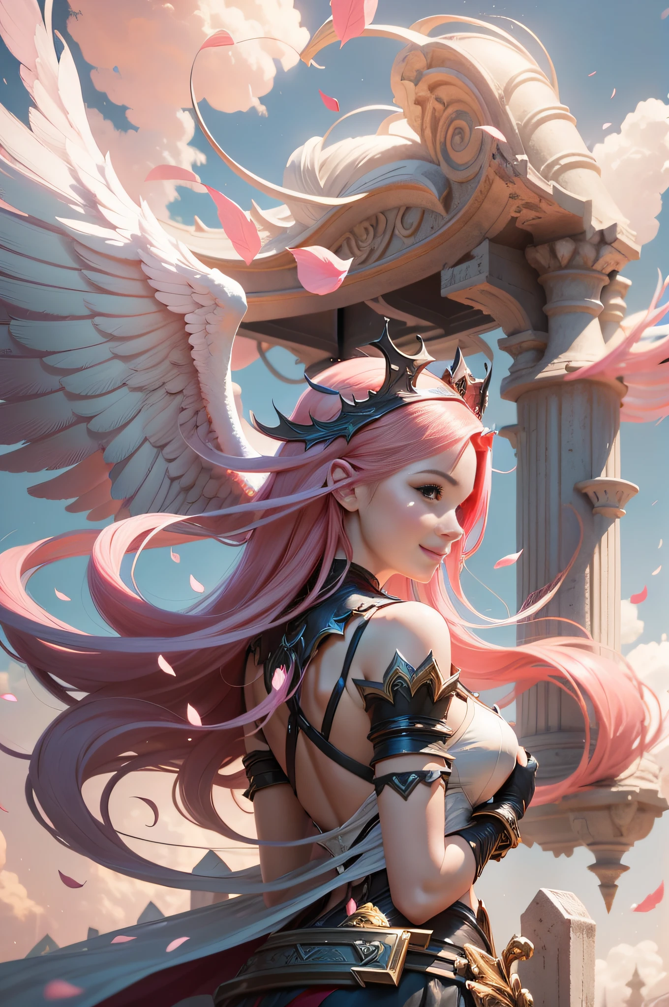 A beautiful woman, seductive, smiling, standing, white angel wings sticking out from her back, powerful, red dress with forehead exposed, queen, pink hair, delicate, long hair, from League of Legends