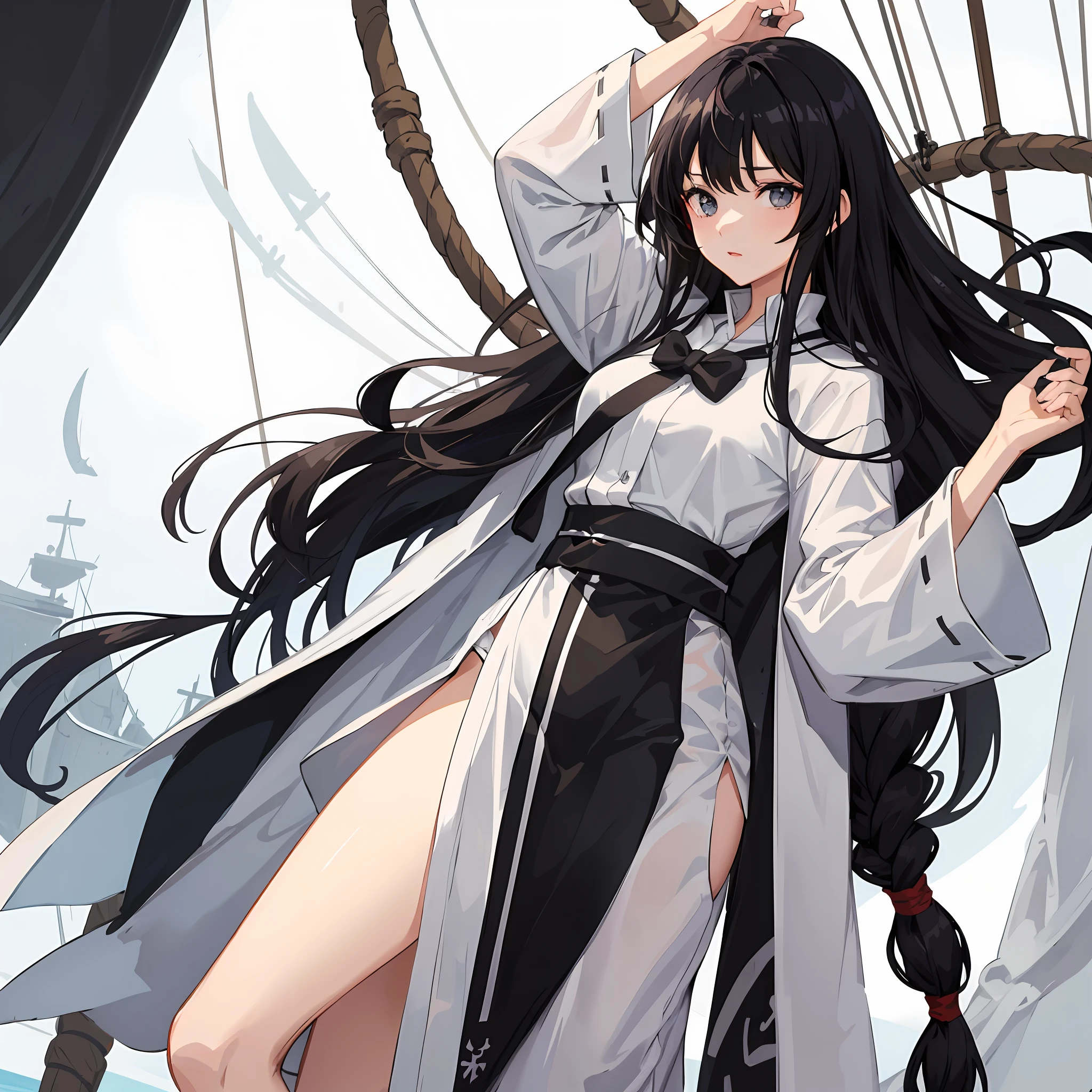 Anime female, black hair colour style, using white adventure robe, was on a sailing ship