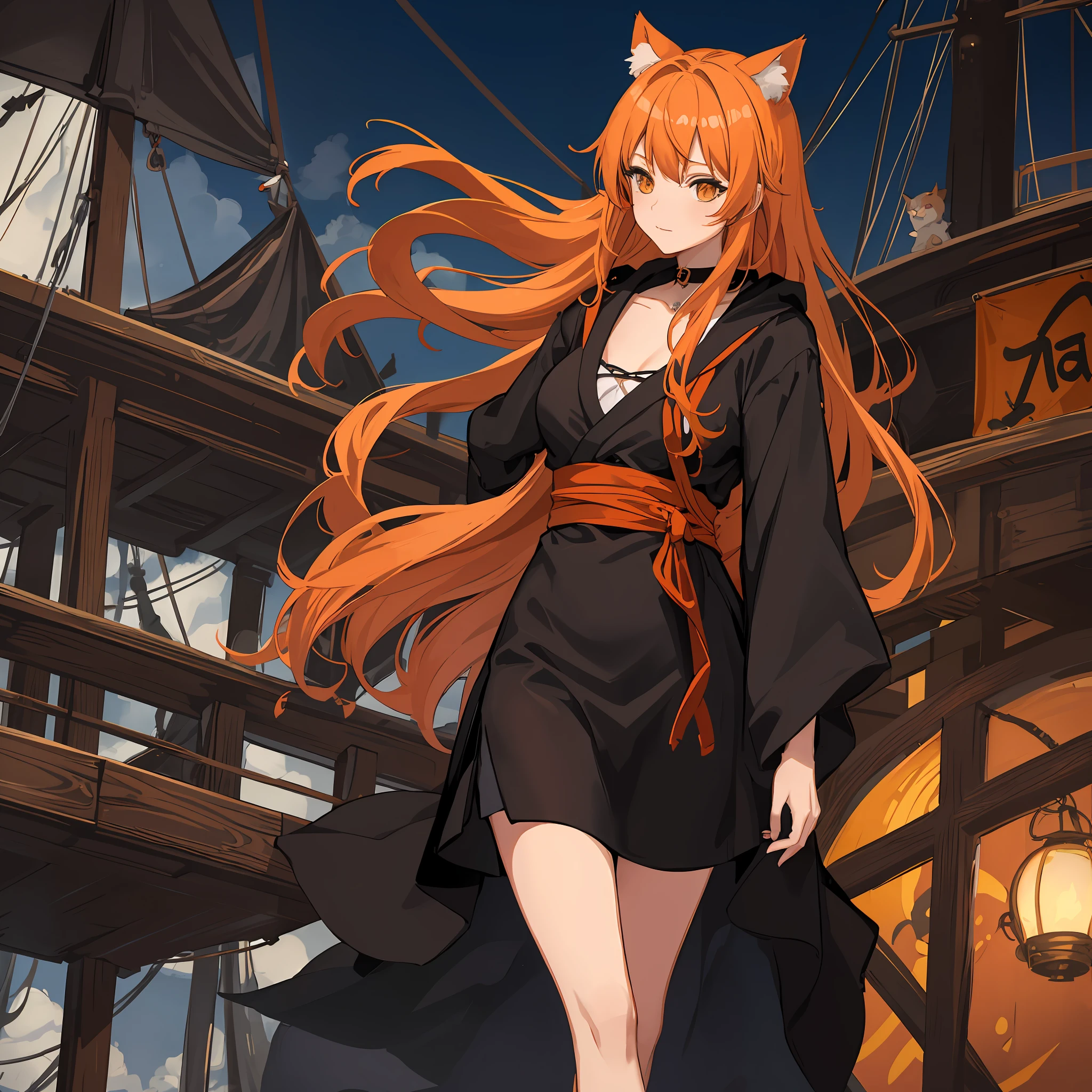 Anime mommy with orange hair and cat ears, wearing black robe on the sailing ship