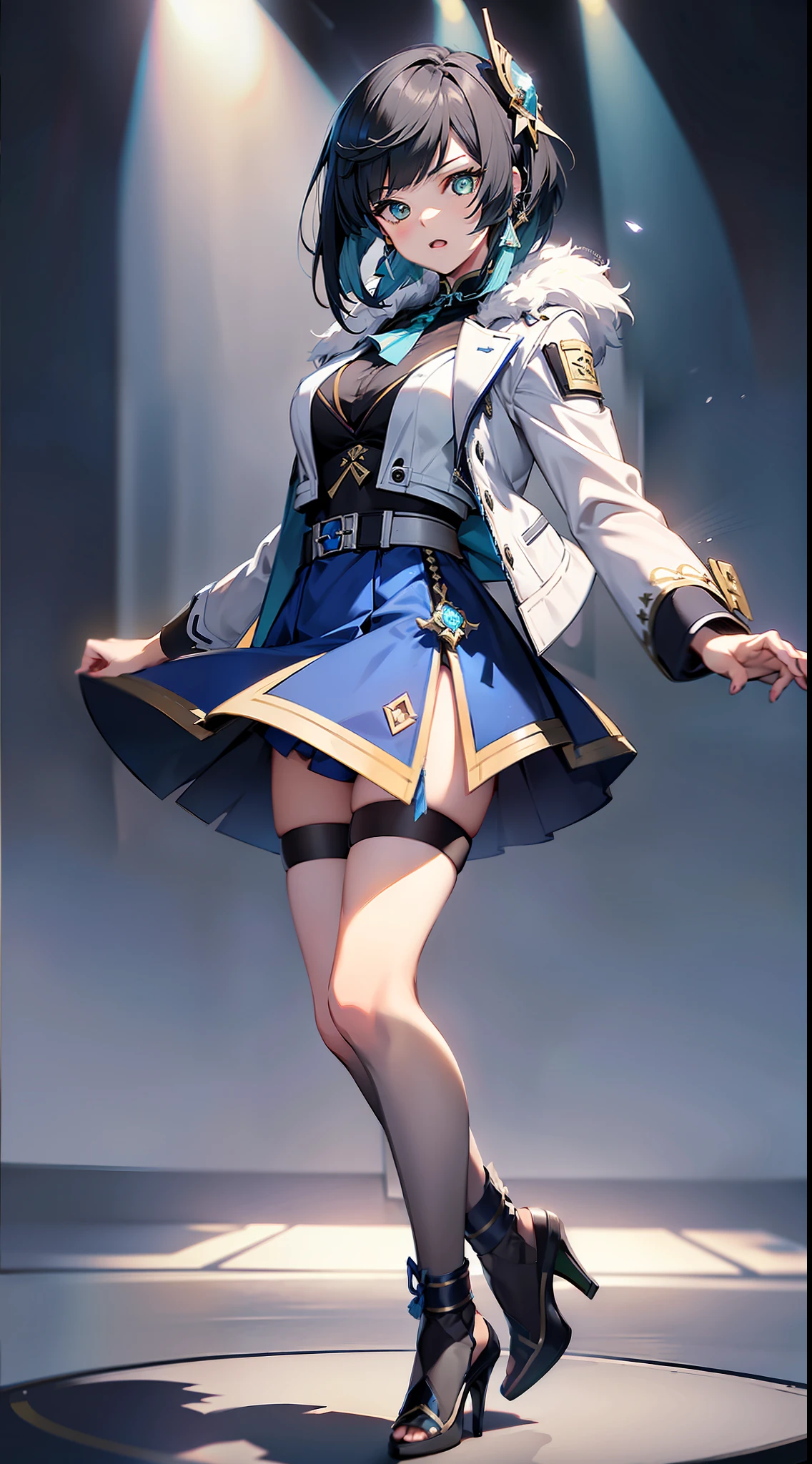Singing and dancing singer, ((Genshin), (Yelan)), short blue shoulder-length hair, green eyes, confident expression, {clothing description: (white leather jacket), (blue vest), (black shorts), (black stockings), blue high heels}, (solid gray background), ((full-body shot))