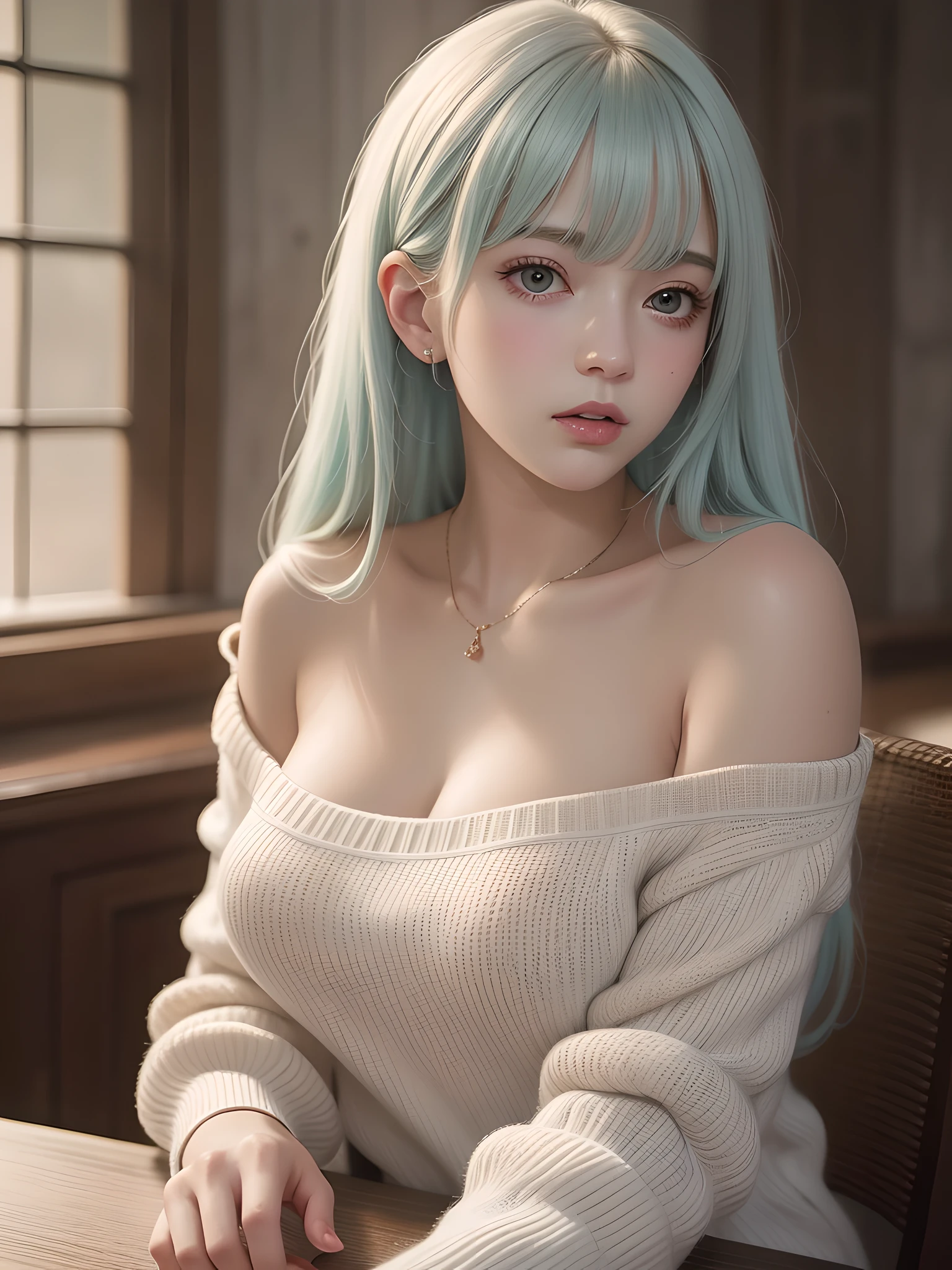 sitting, bare shoulders, detailed (((loose))) white sweater. large breasts, half body portrait, ((looking away)), stunningly beautiful, mint hair, blush, humble, bangs, table, home, hands. highly detailed. Cinematic lighting, (nsfw:1.25)